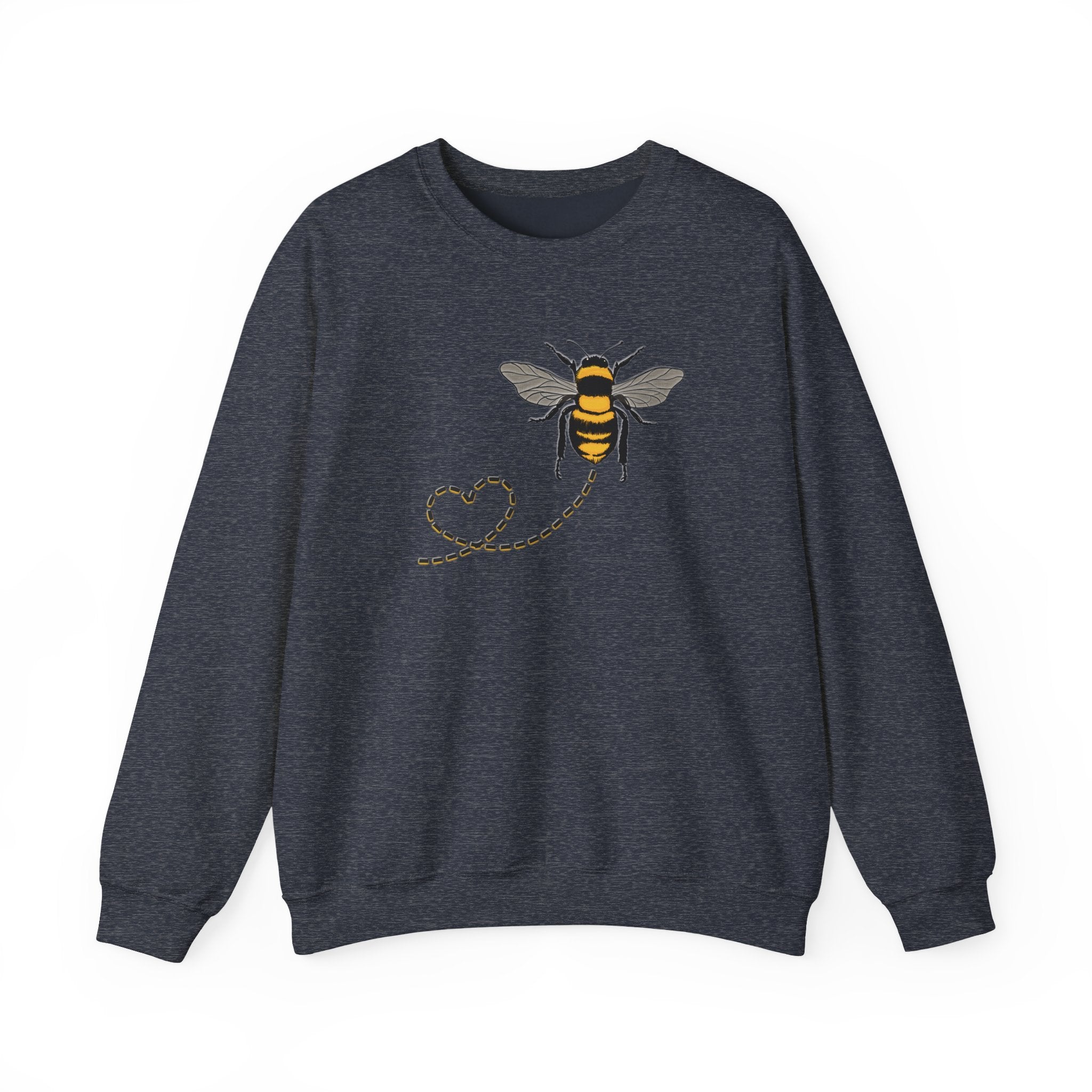 Navy blue sweatshirt with a bee and dotted heart design on a white background