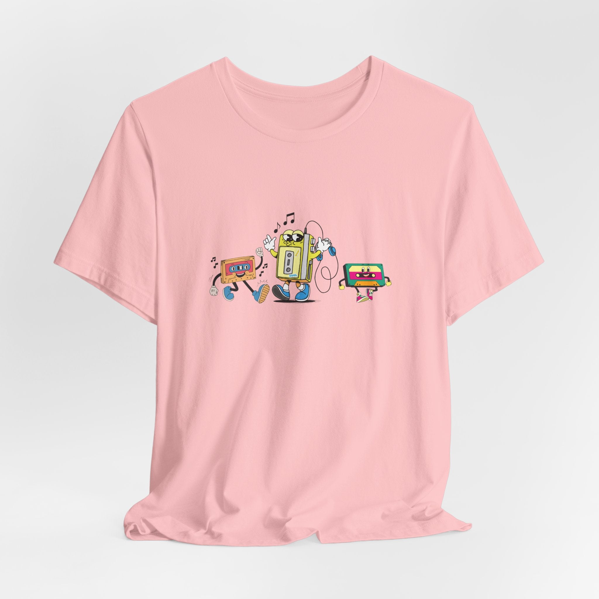 Pink t-shirt with a colorful graphic design on a light gray background