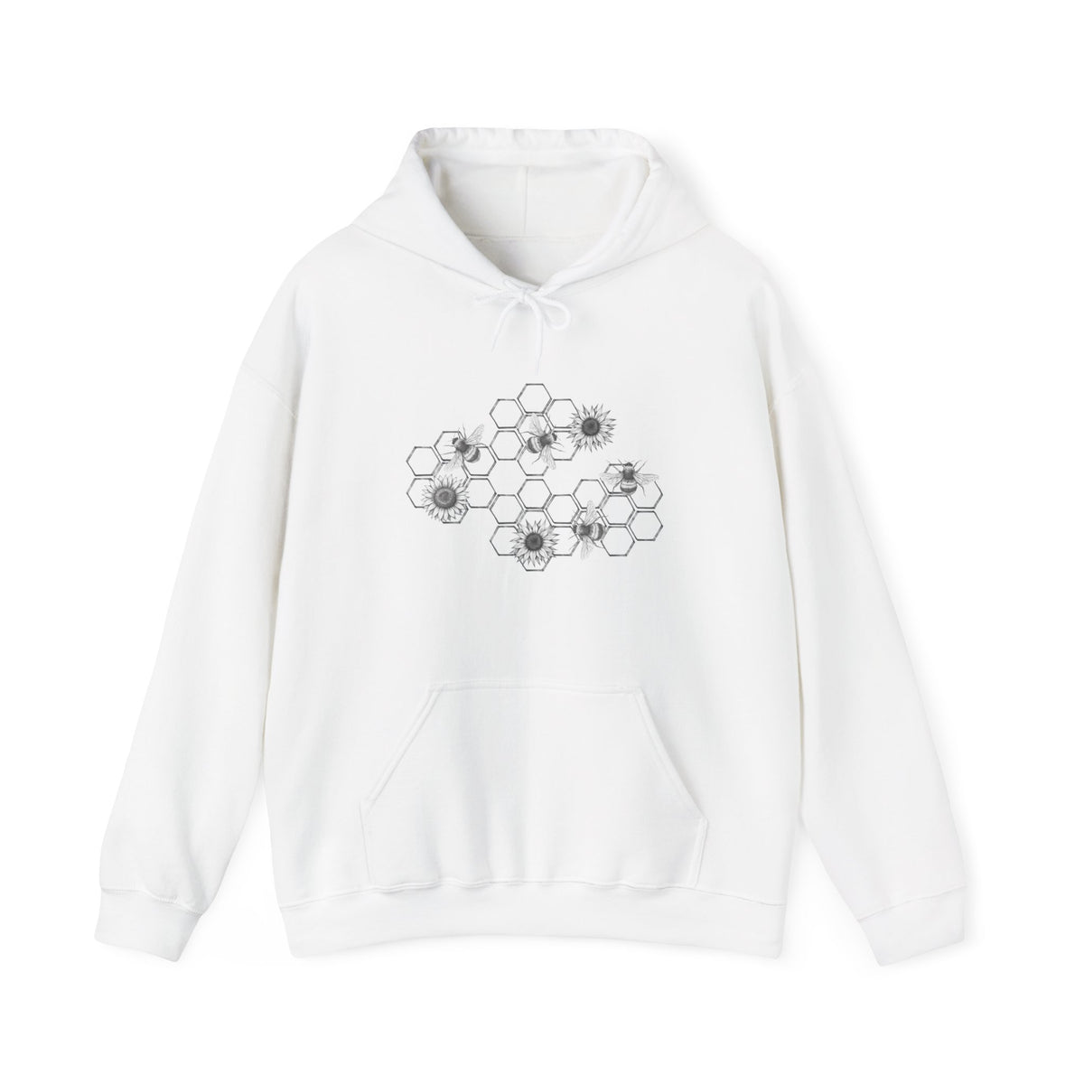 White hoodie with floral and bee design on a white background