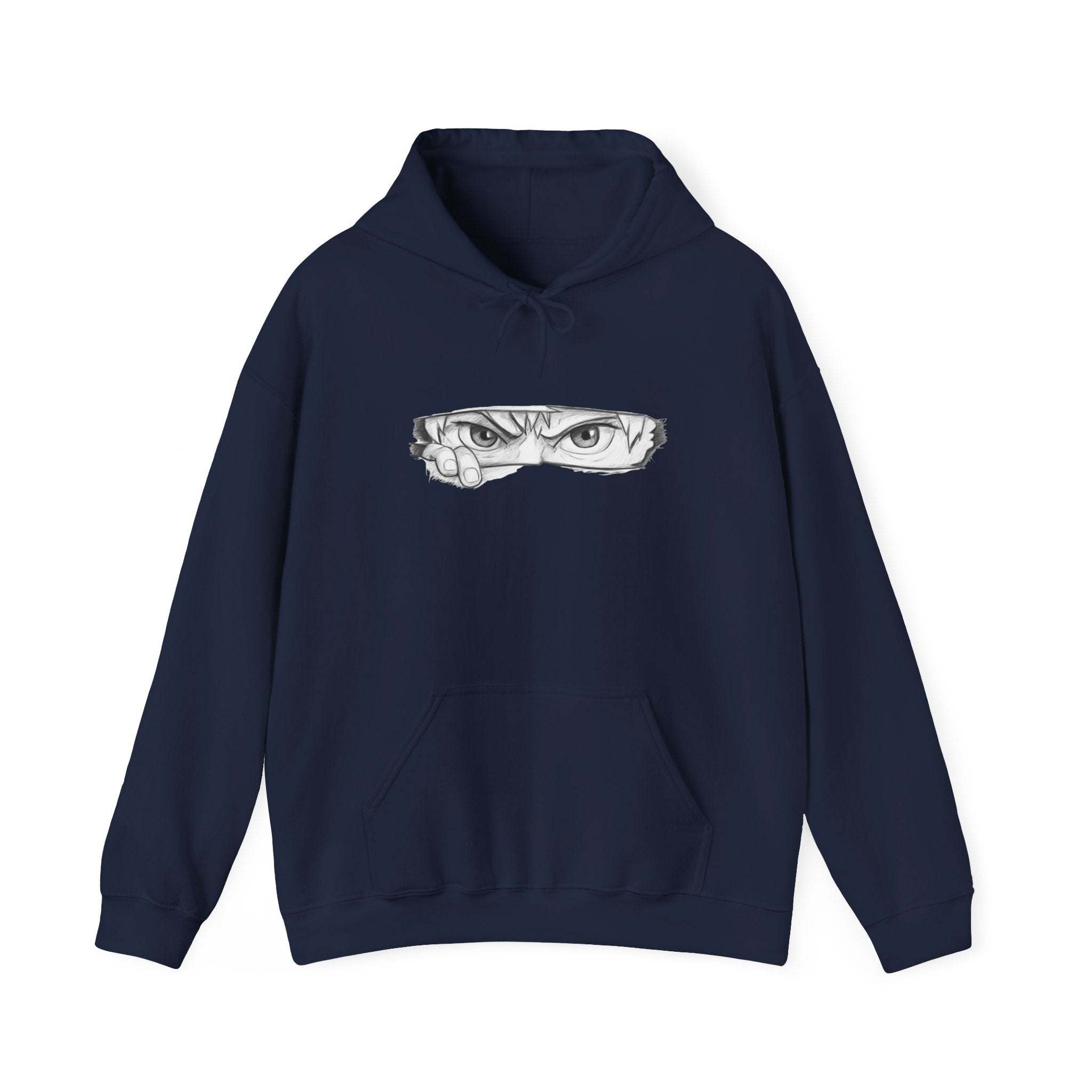 Navy blue hoodie with a graphic of a anime eye on a white background