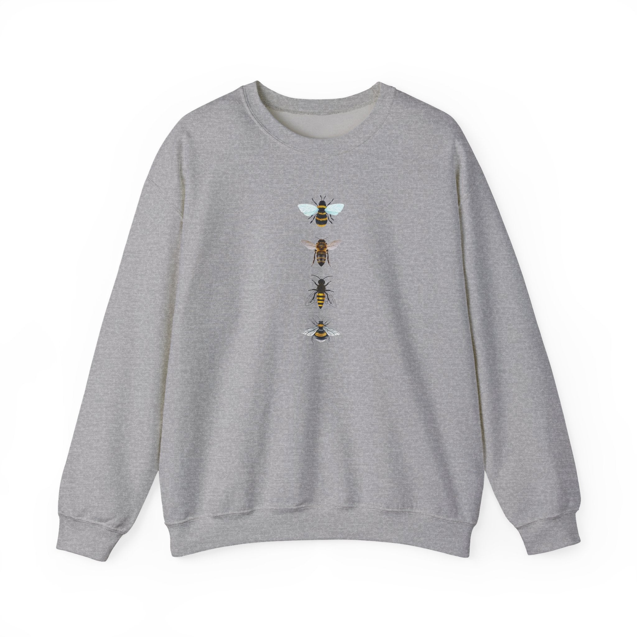 Gray sweatshirt with bee illustrations on a white background