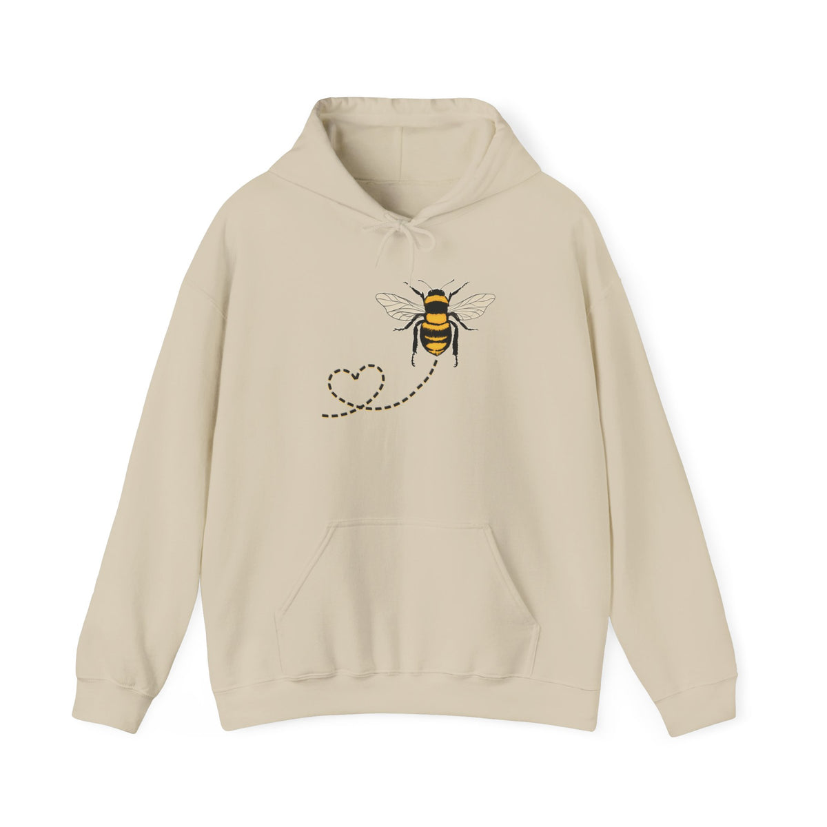Beige hoodie with a bee design on a white background