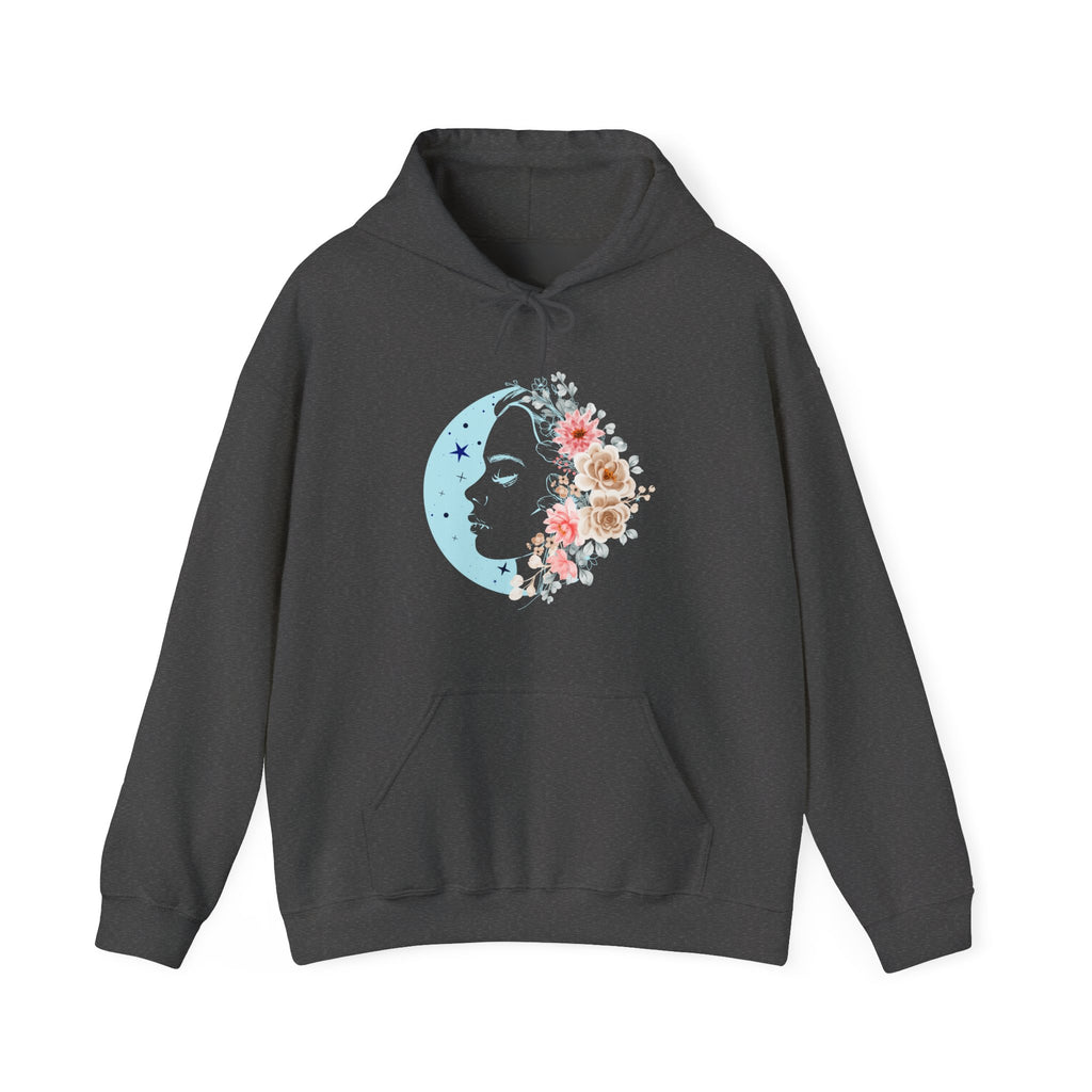 Dark gray hoodie with floral face moon design on a white background