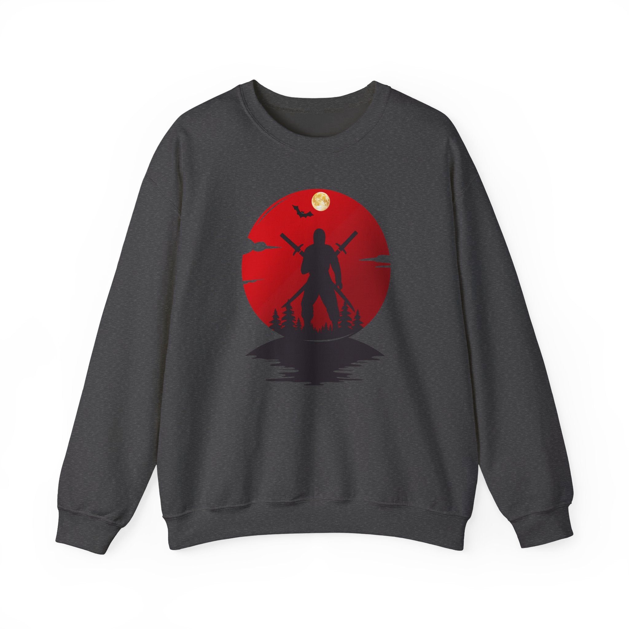 Dark gray sweatshirt with a red and black ninja graphic design on a white background