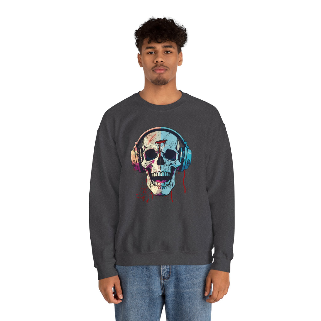 Person wearing a dark gray sweatshirt with a colorful skull design and headphones on a white background