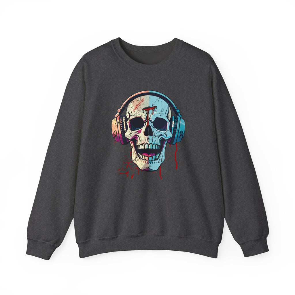 Black sweatshirt with a colorful skull design wearing headphones on a white background