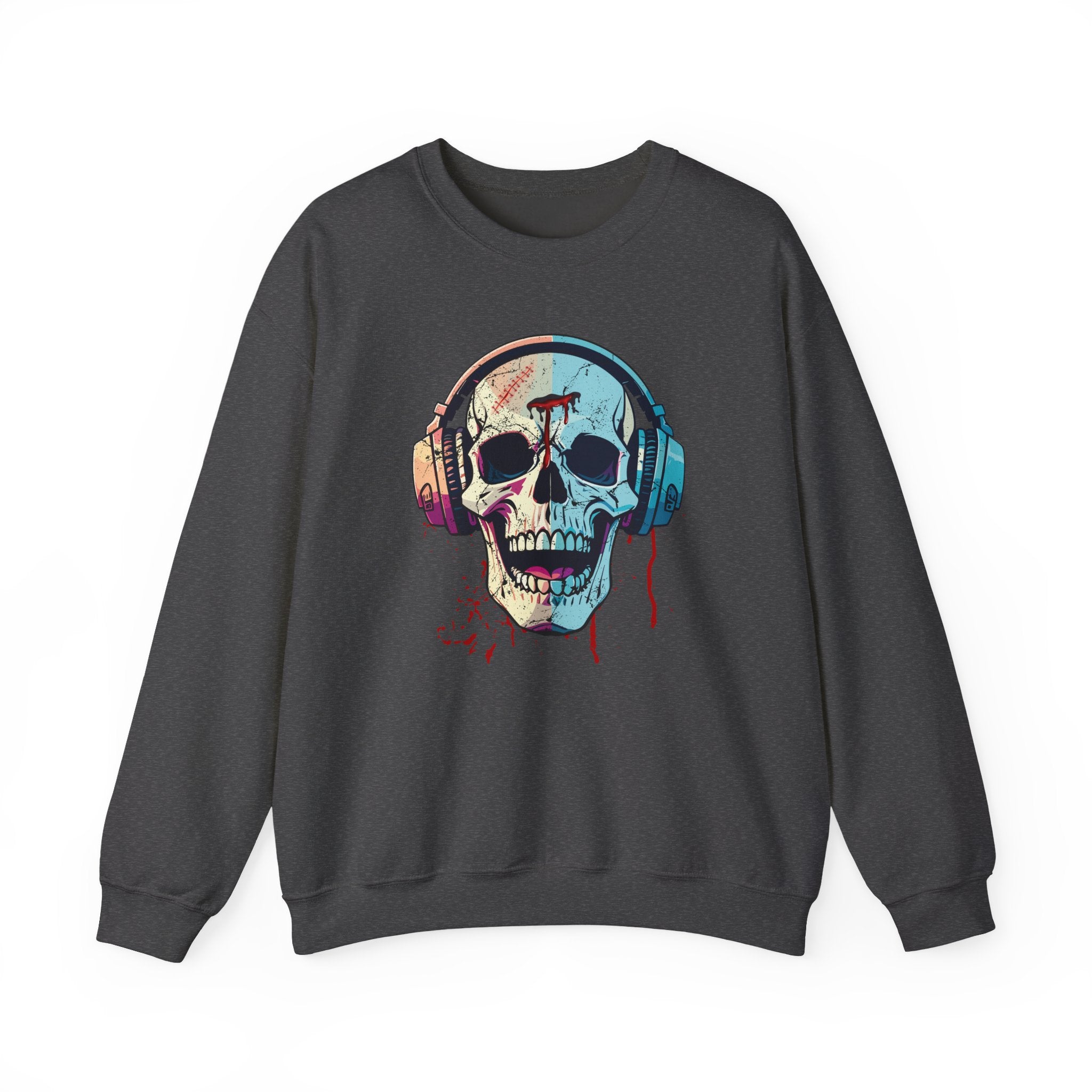 Black sweatshirt with a colorful skull design wearing headphones on a white background