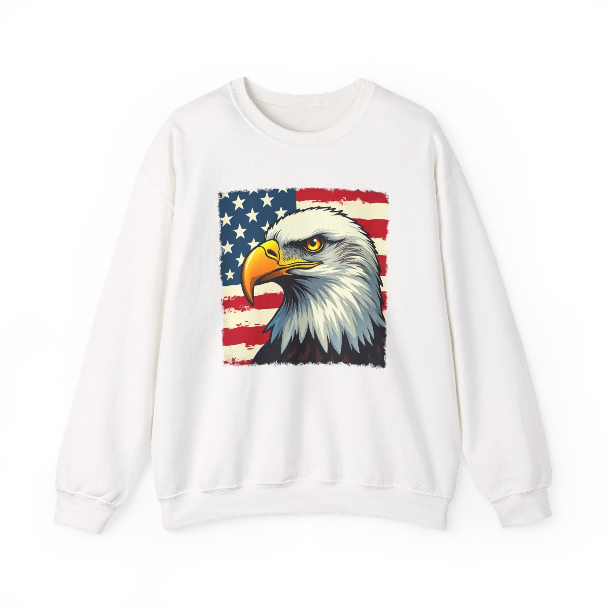White sweatshirt with an eagle and American flag design on a white background
