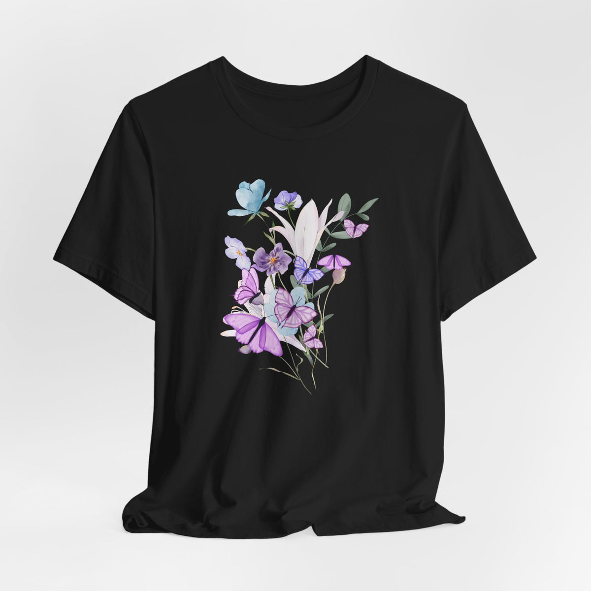 Black t-shirt with floral design on a white background
