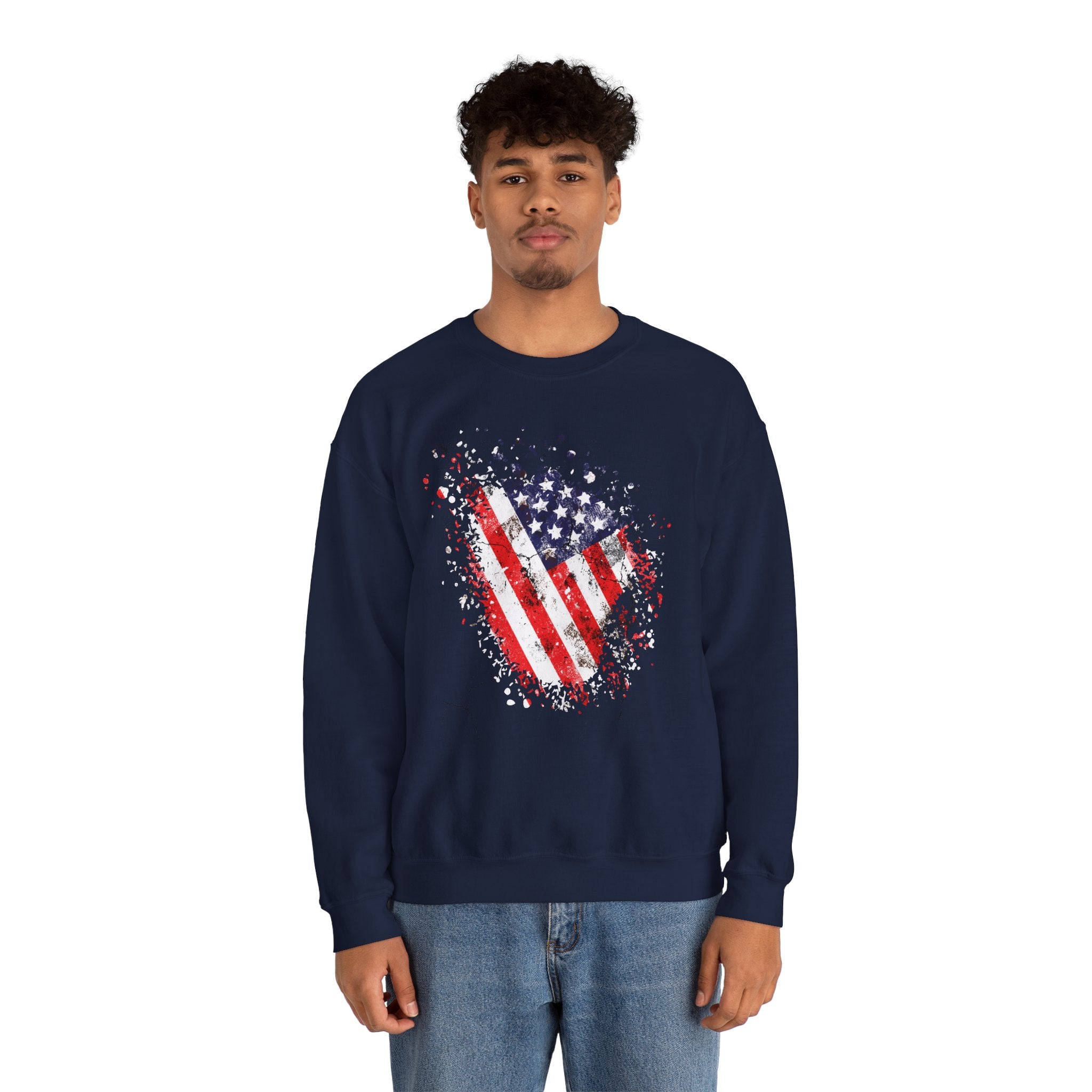 Person wearing a navy blue sweatshirt with American flag design on a white background