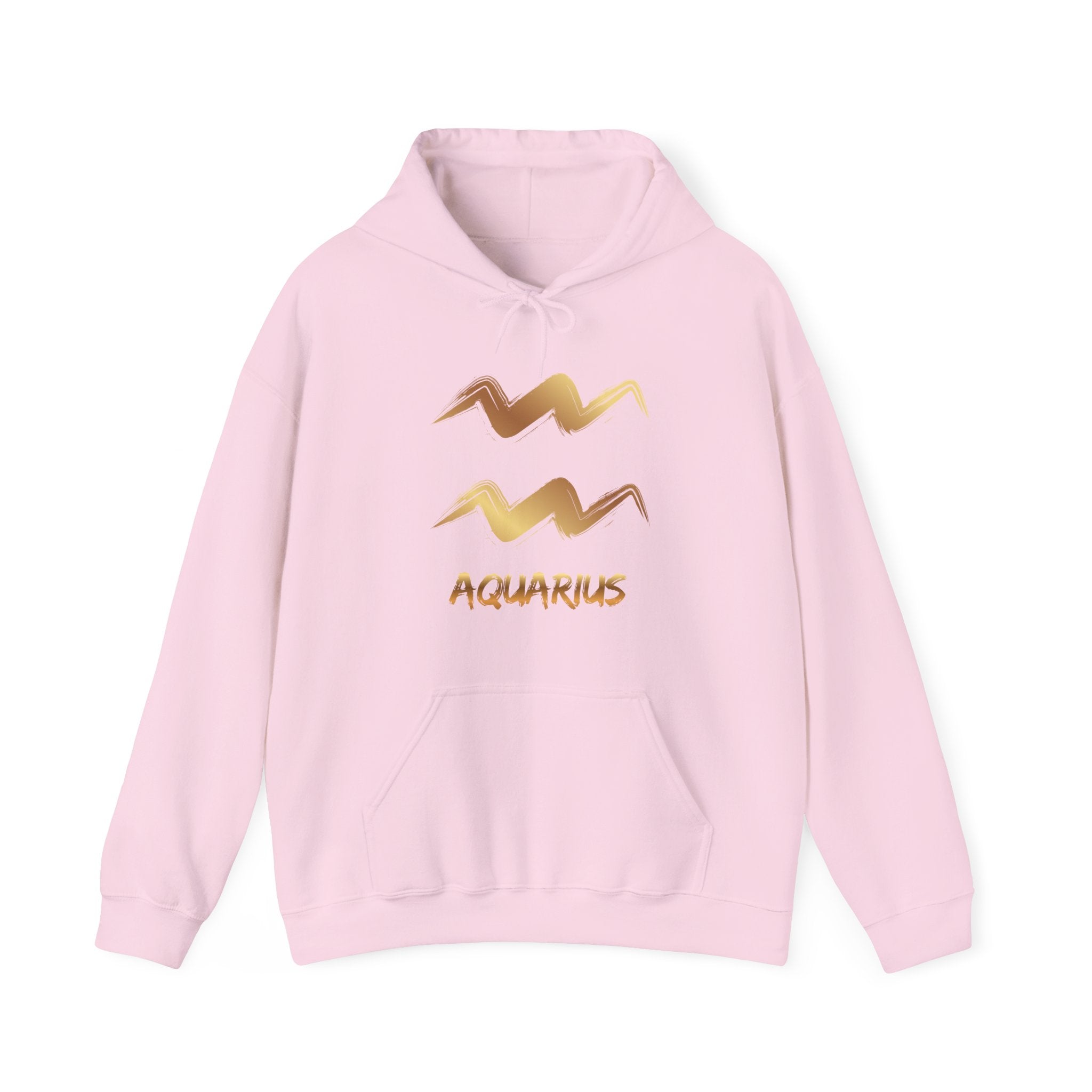Pink hoodie with gold Aquarius design on a white background