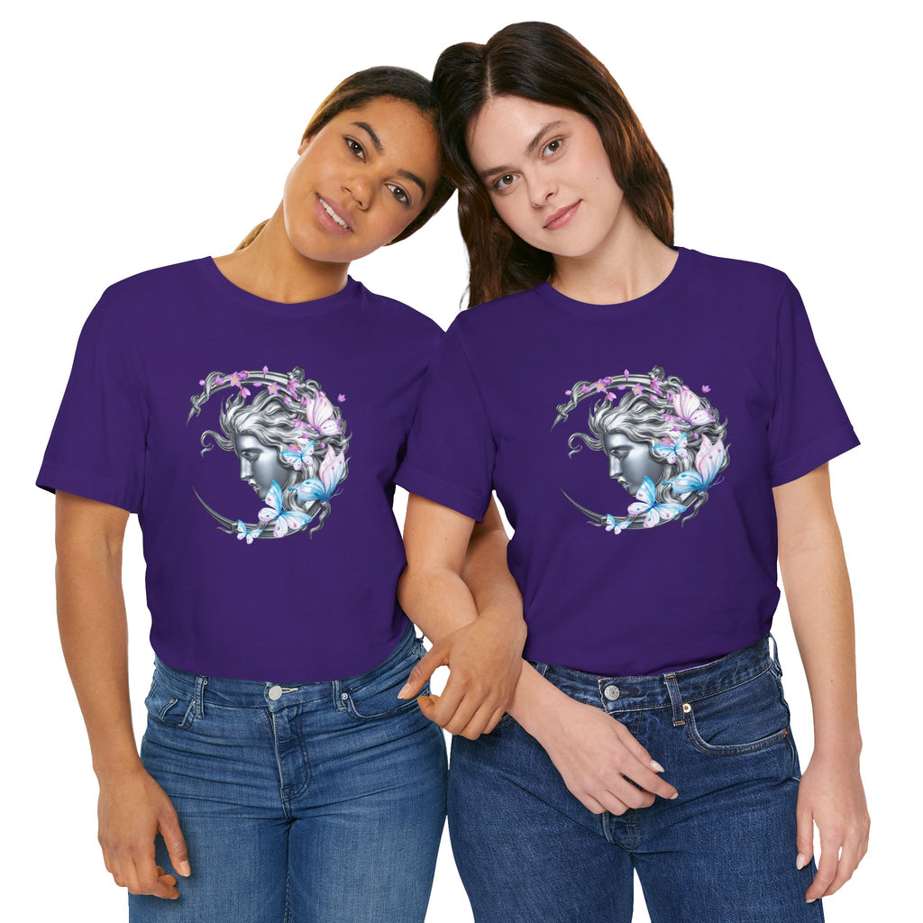 Two people wearing purple t-shirts with a graphic design on a white background