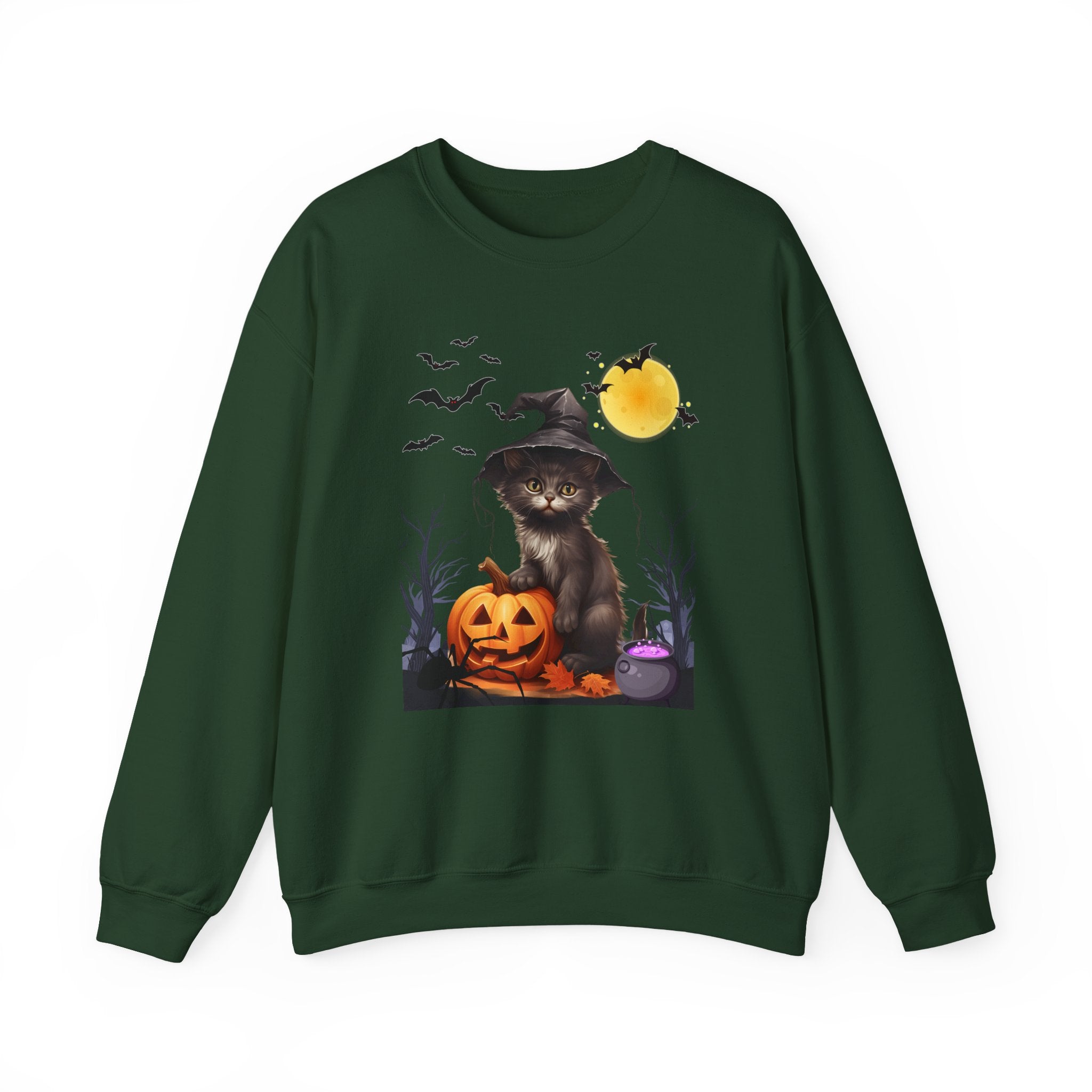 Green sweatshirt with Halloween-themed design featuring a cat and pumpkin on a white background