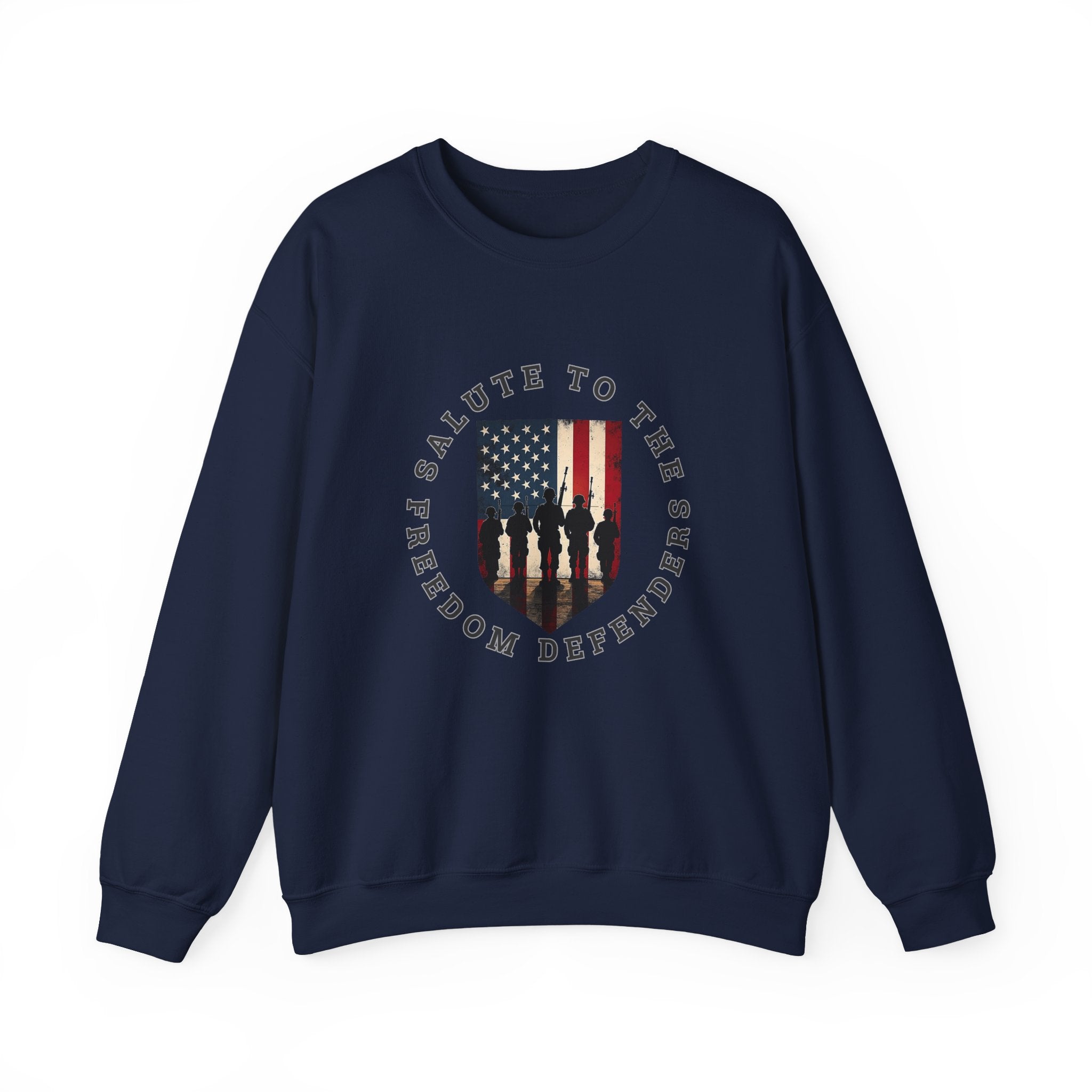 Navy blue sweatshirt with American flag and text design on a white background