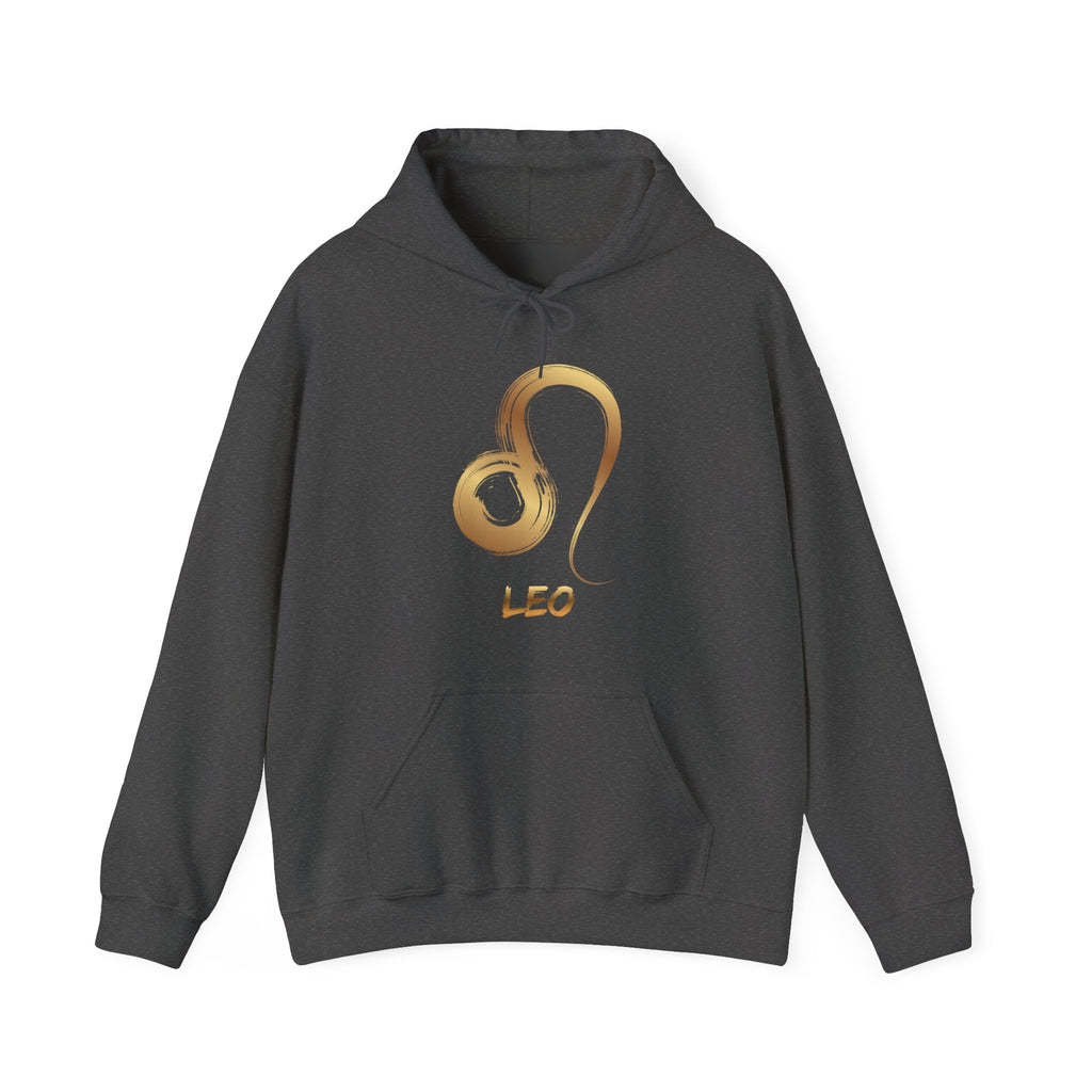 Gray hoodie with gold Leo zodiac symbol on a white background