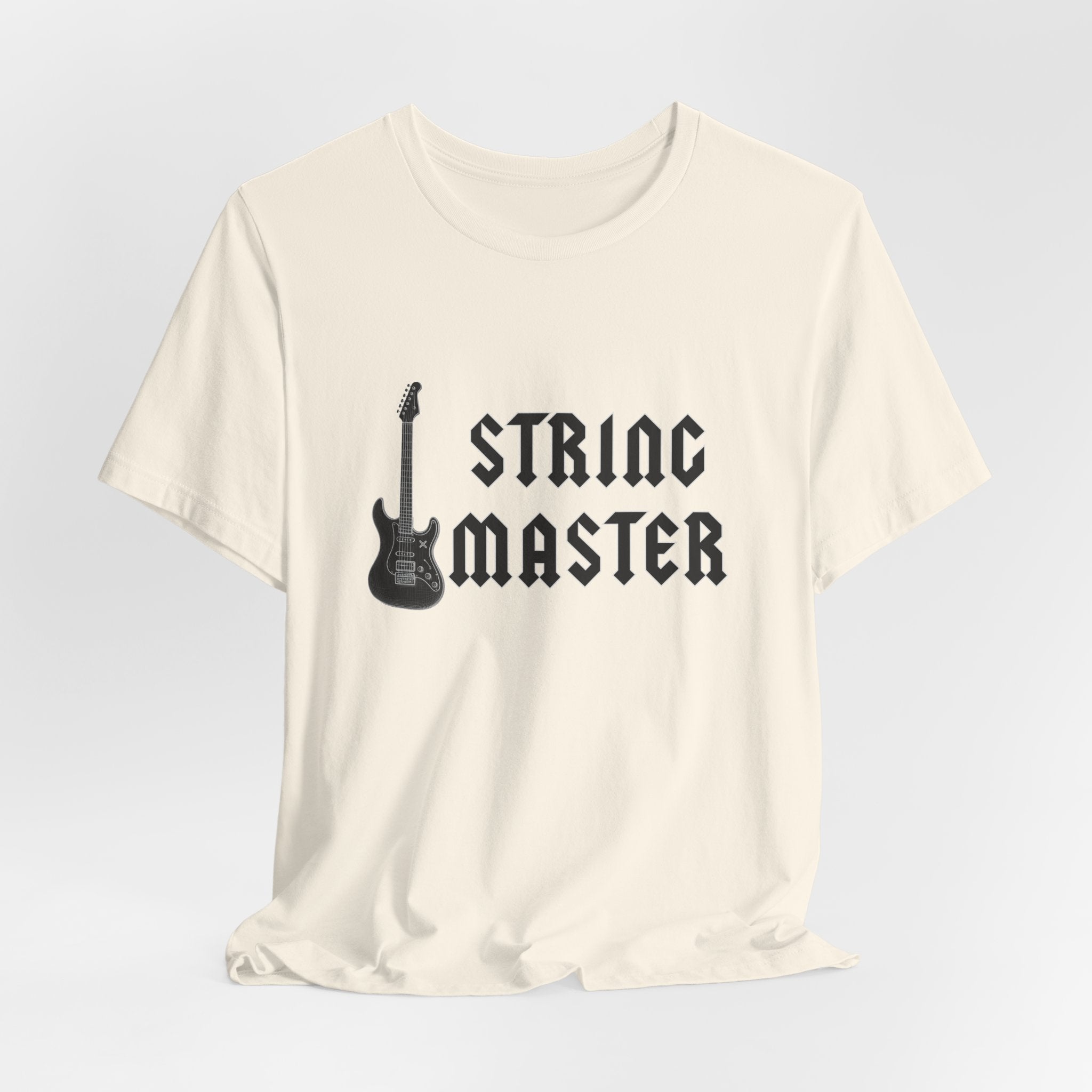 White t-shirt with 'String Master' and guitar graphic on a light gray background