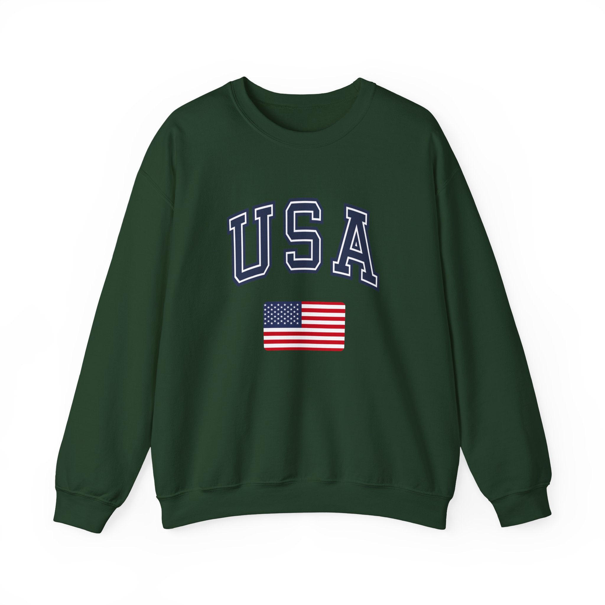 Green sweatshirt with 'USA' and American flag on a white background