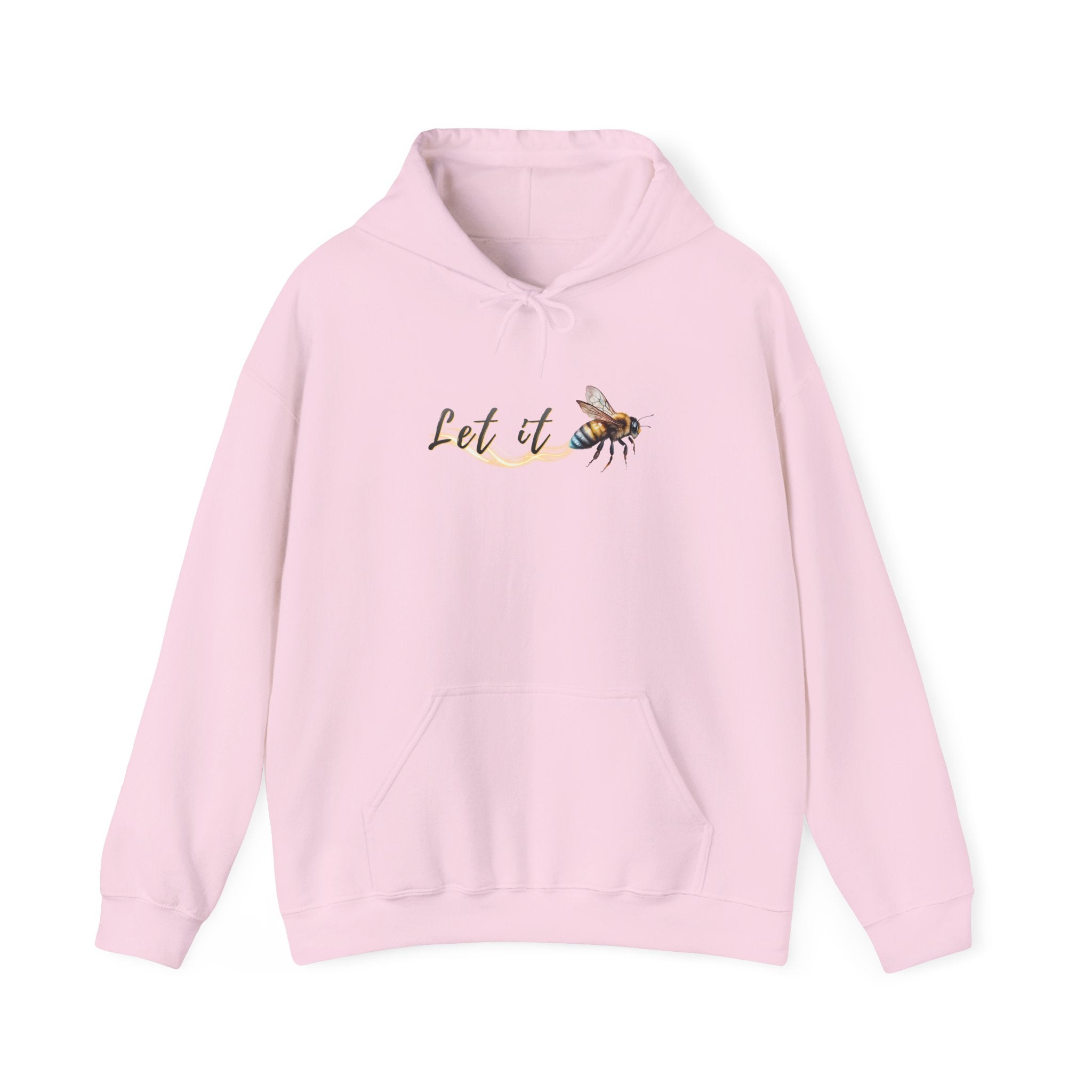 Pink hoodie with a bee and 'Let it' text design on a white background