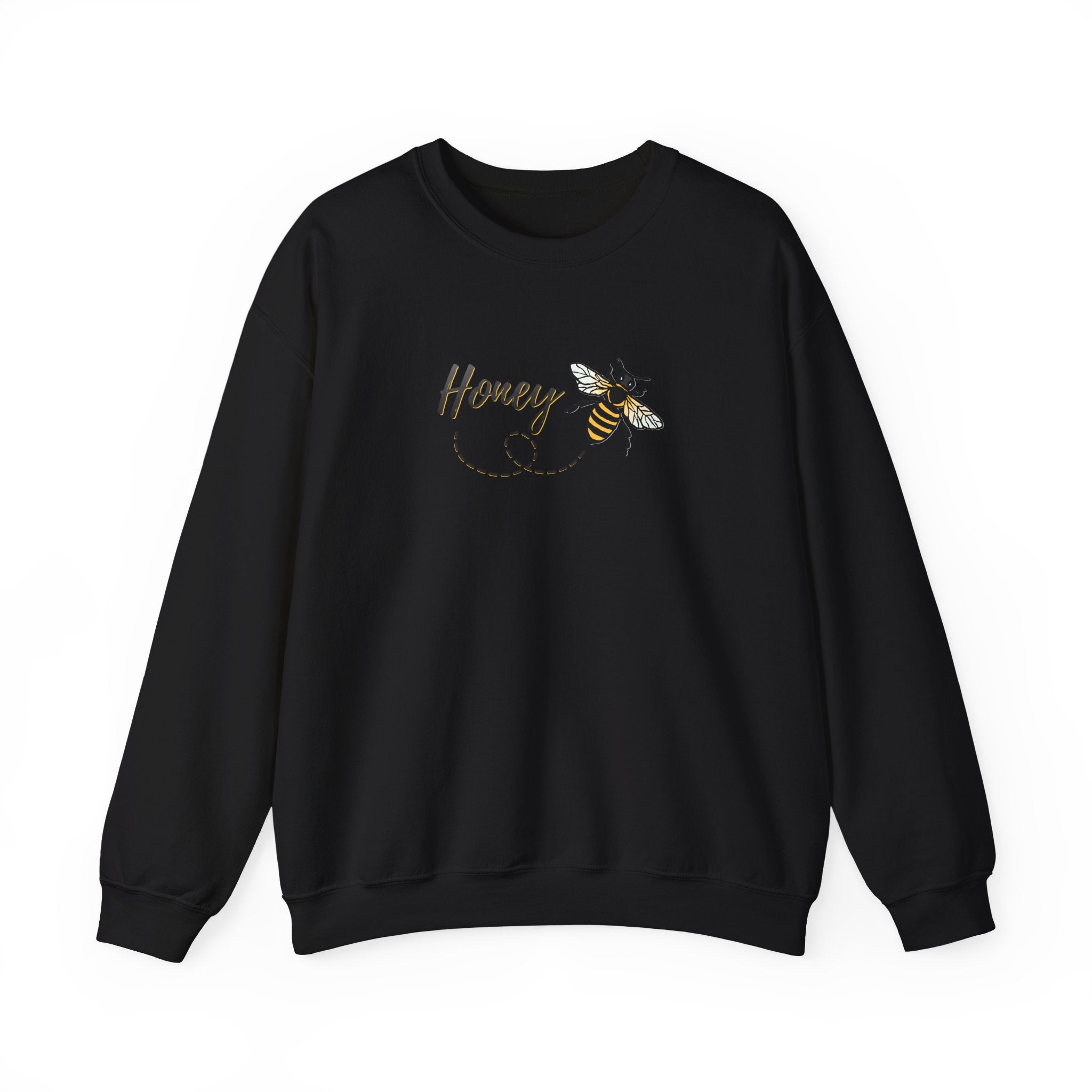 Black sweatshirt with 'Honey' text and bee graphic on a white background