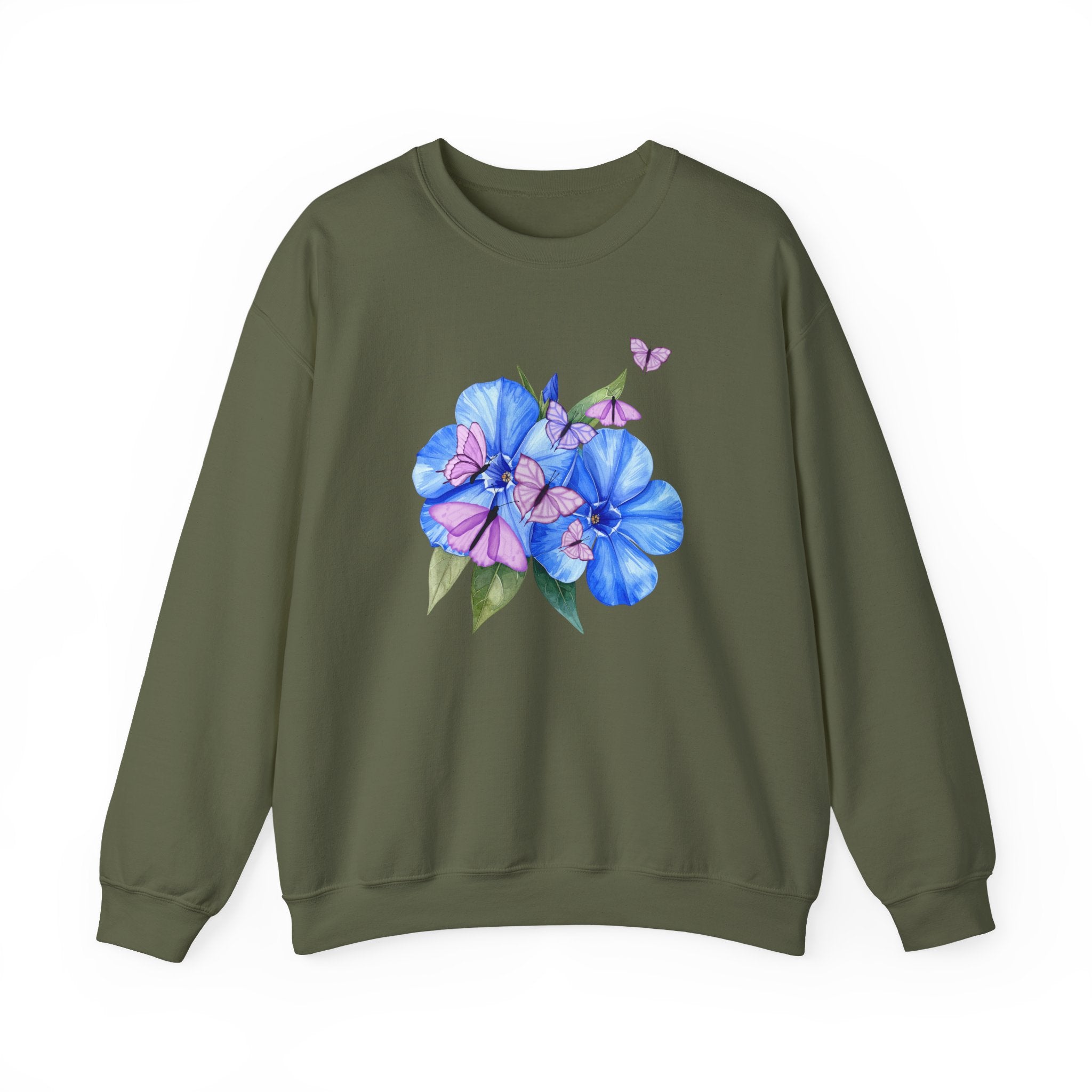 Green sweatshirt with a flower and butterfly design on a white background