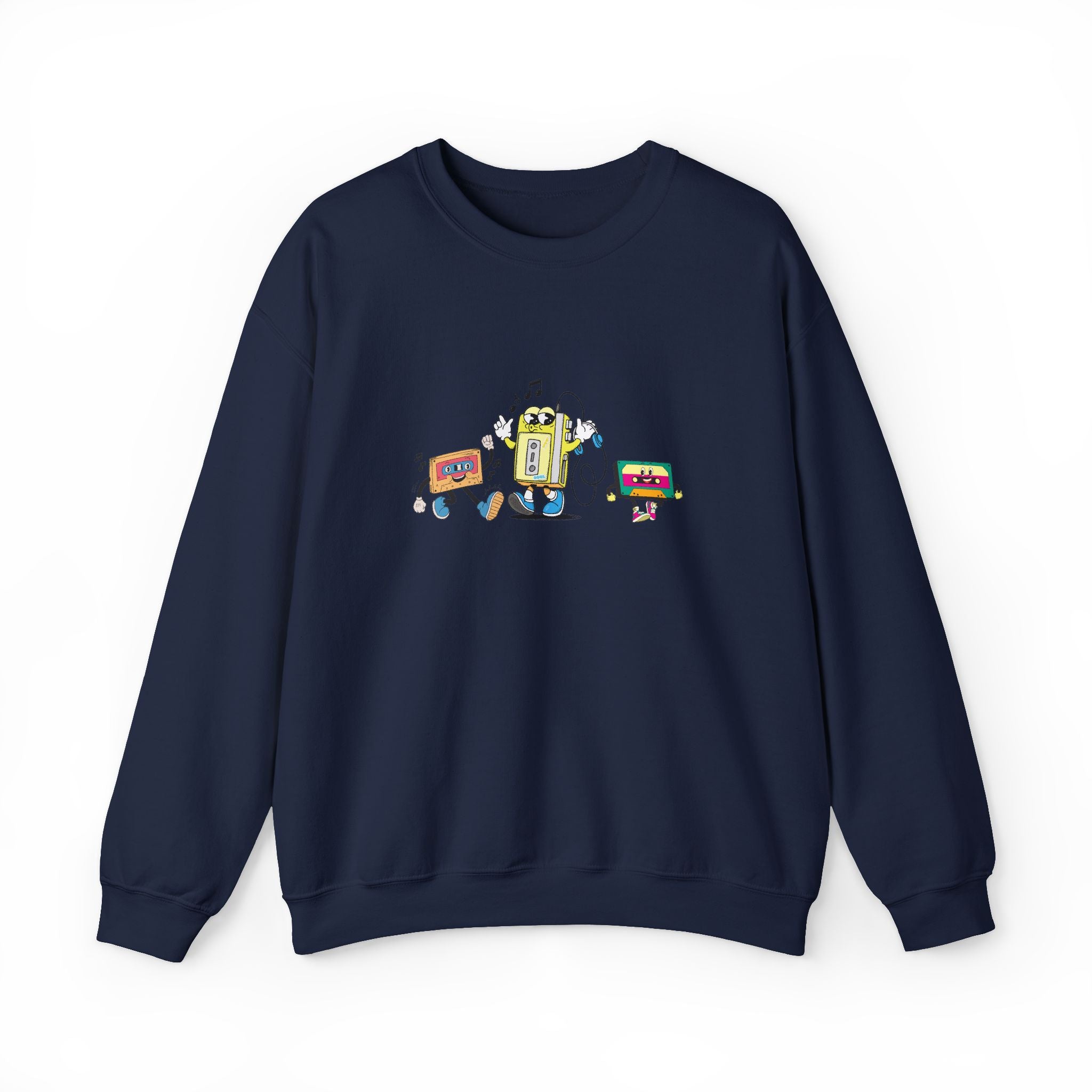 Navy blue sweatshirt with a colorful graphic on a white background