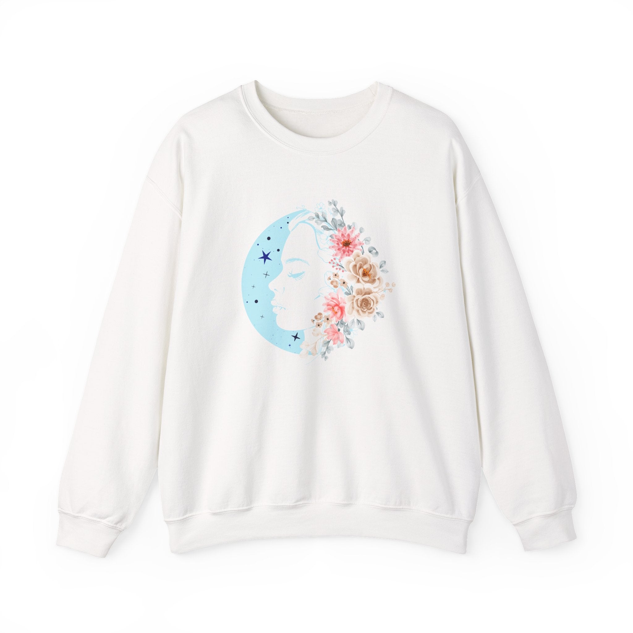 White sweatshirt with a floral moon design on a white background