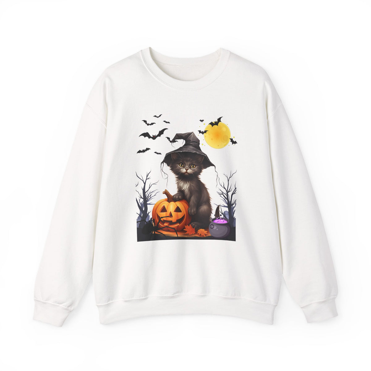 White sweatshirt with a Halloween-themed design featuring a cat in a witch hat and pumpkin.