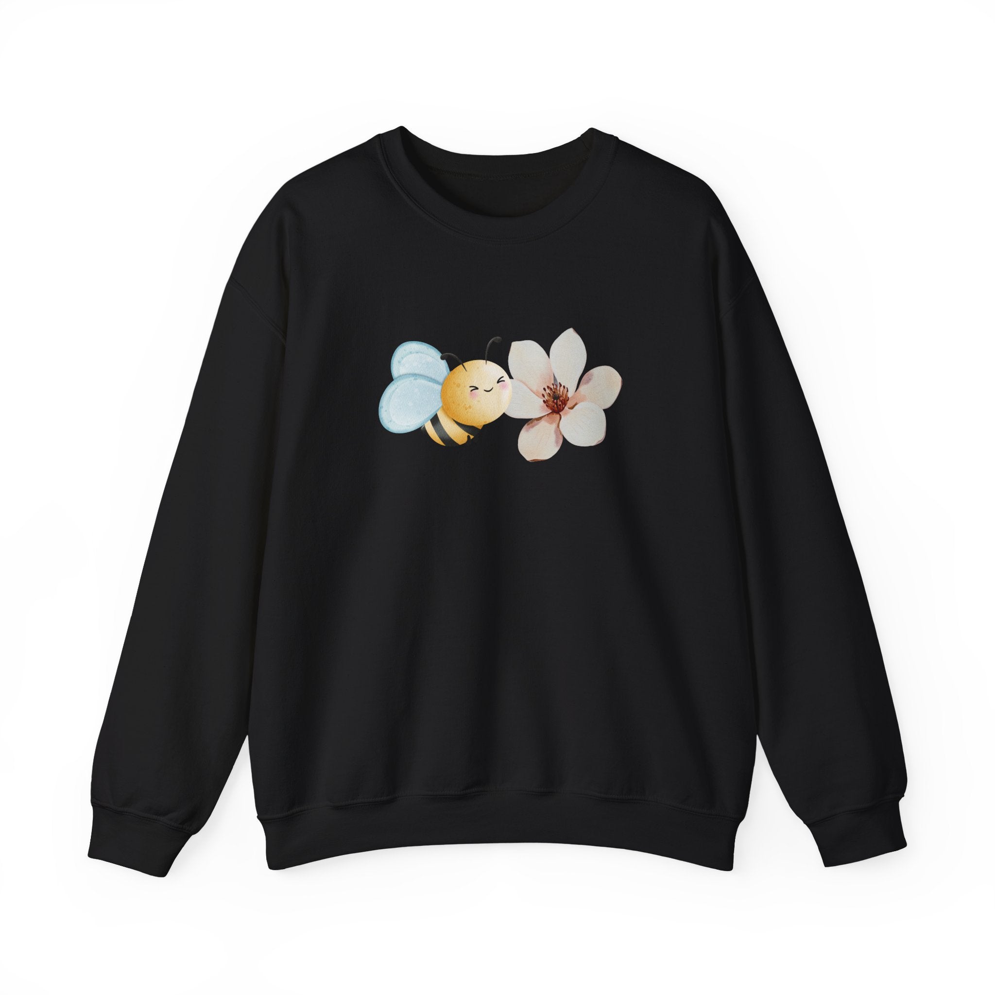 Black sweatshirt with a bee and flower design on a white background