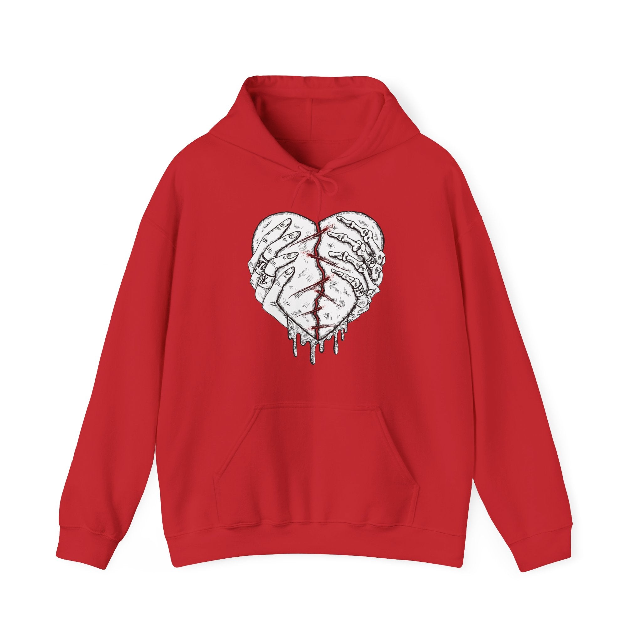 Red hoodie with a graphic design of hands holding a broken heart on a white background