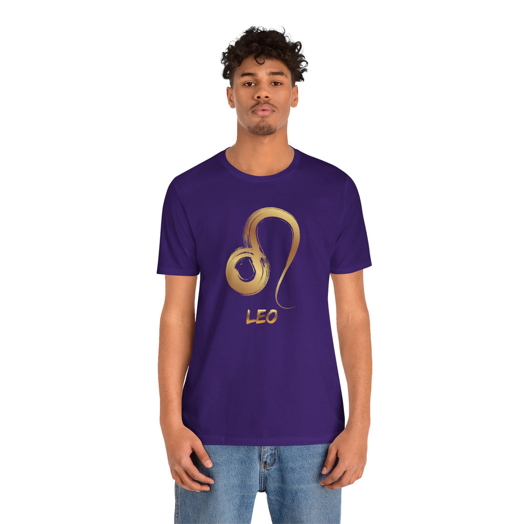 Person wearing a purple t-shirt with a gold lion design and 'LEO' text on a white background
