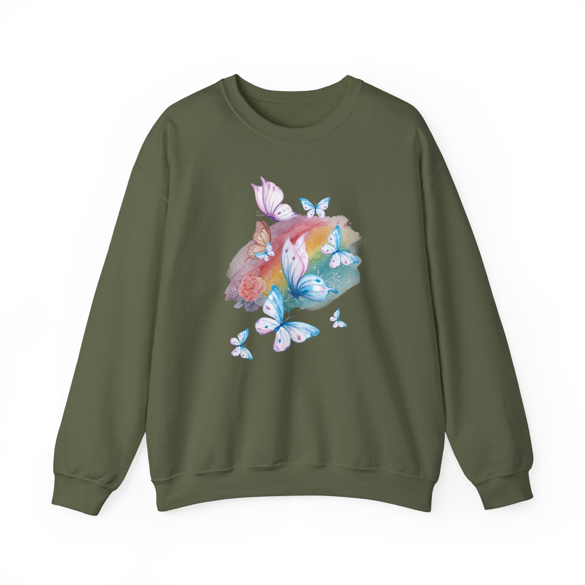 Green sweatshirt with colorful butterfly design on a white background