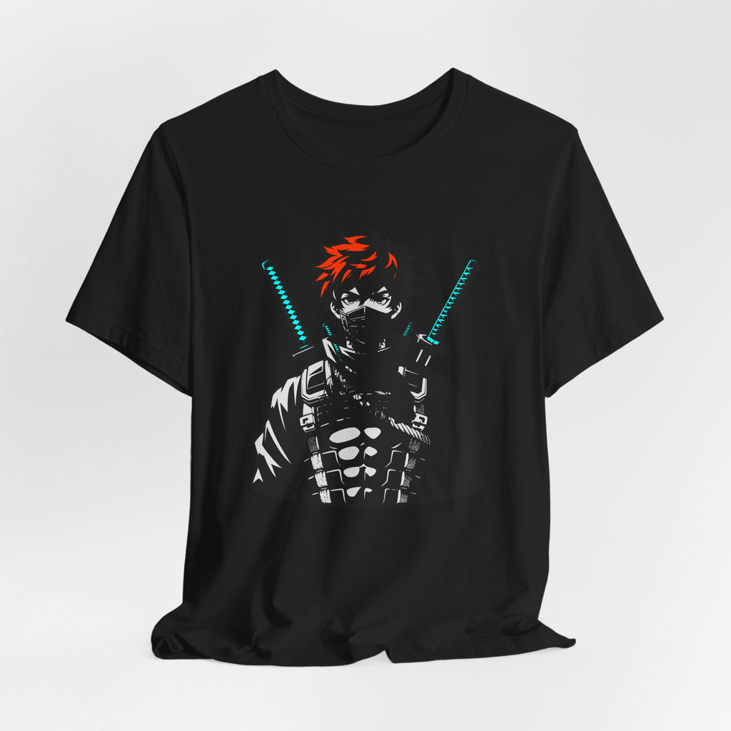 Black t-shirt with a graphic design of a character holding swords on a white background