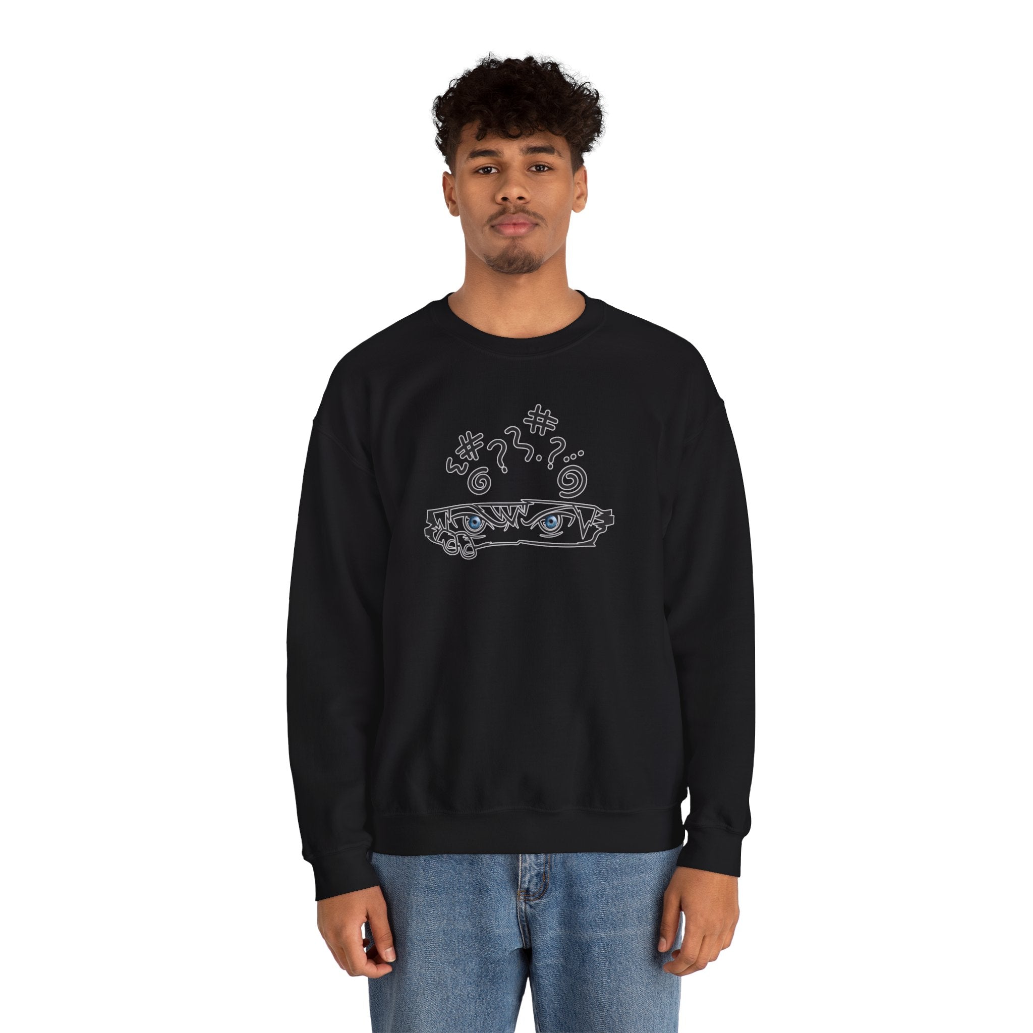 Person wearing a black sweatshirt with black anime graphic design on a white background