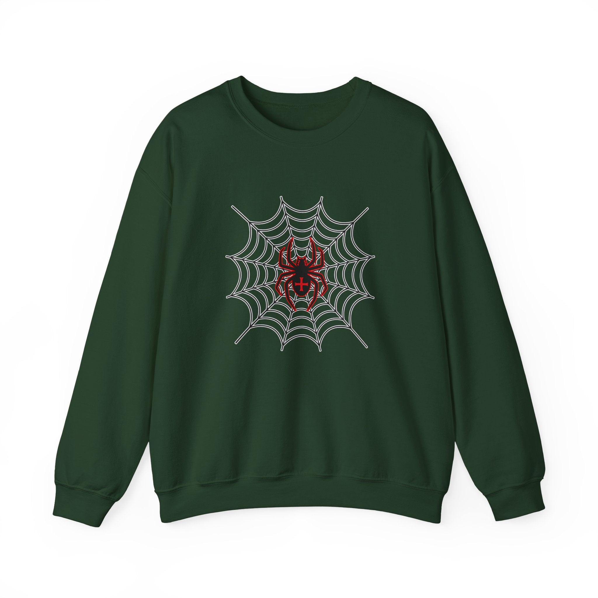 Green sweatshirt with spider web and spider design on a white background