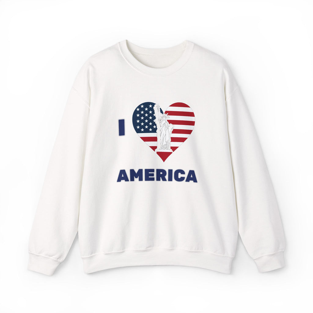 White sweatshirt with 'I ❤️ AMERICA' design featuring an American flag heart and Statue of Liberty on a white background.
