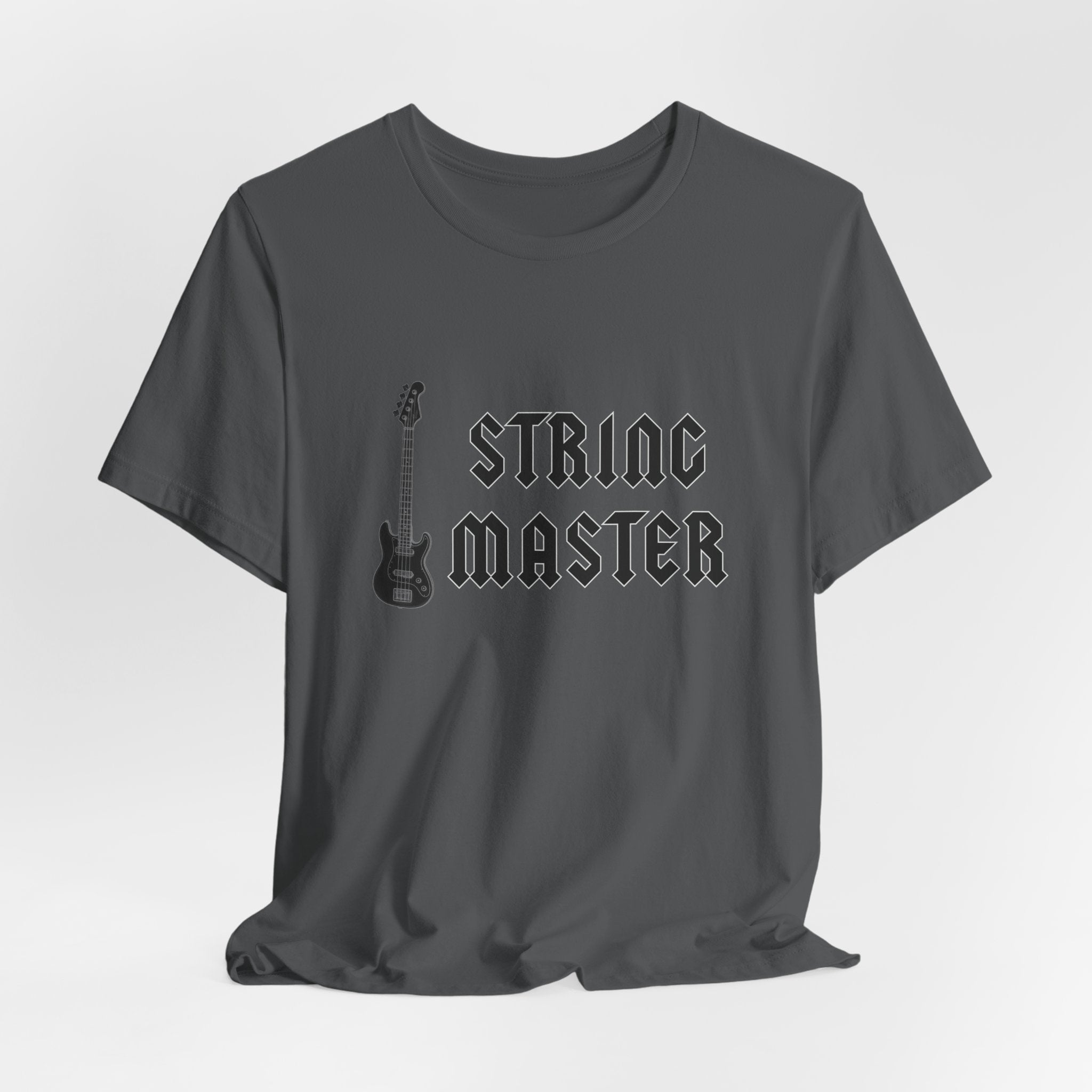 Gray t-shirt with "String Master" text and guitar graphic on a white background