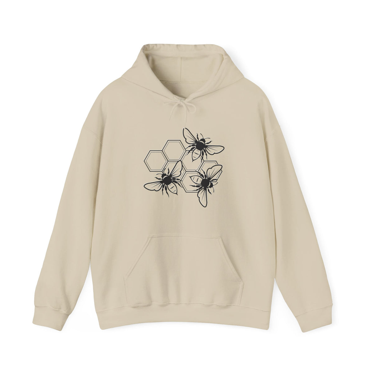 Beige hoodie with a bee design on a white background