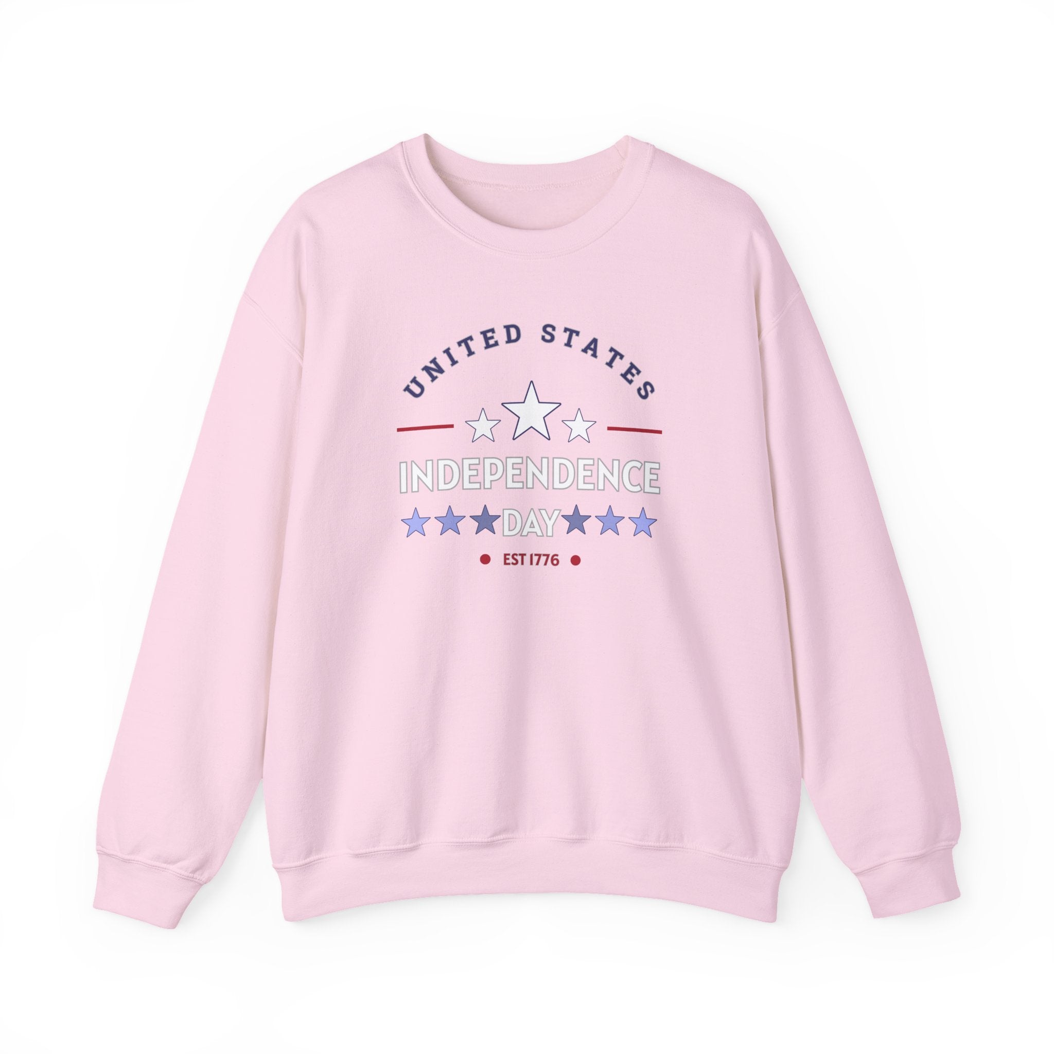Pink sweatshirt with 'United States Independence Day' text on a white background