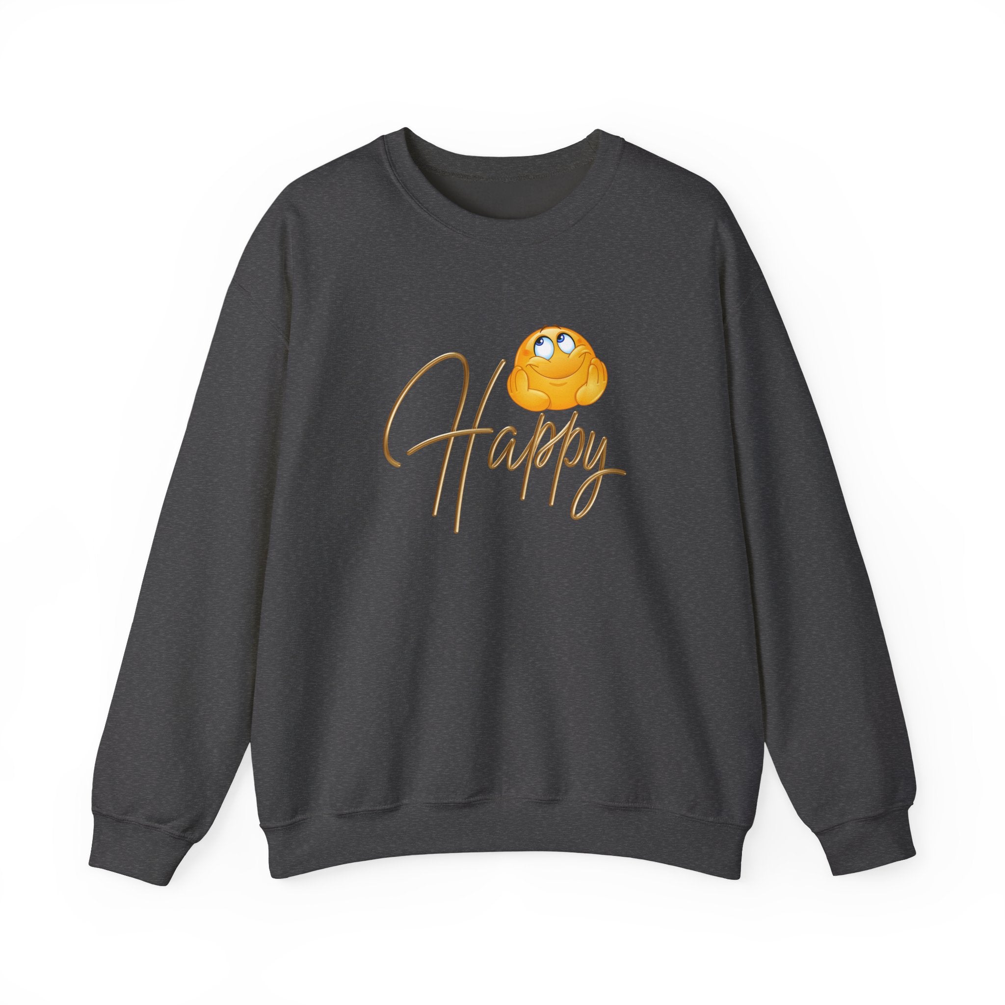 Dark gray sweatshirt with a yellow emoji and 'Happy' text on a white background