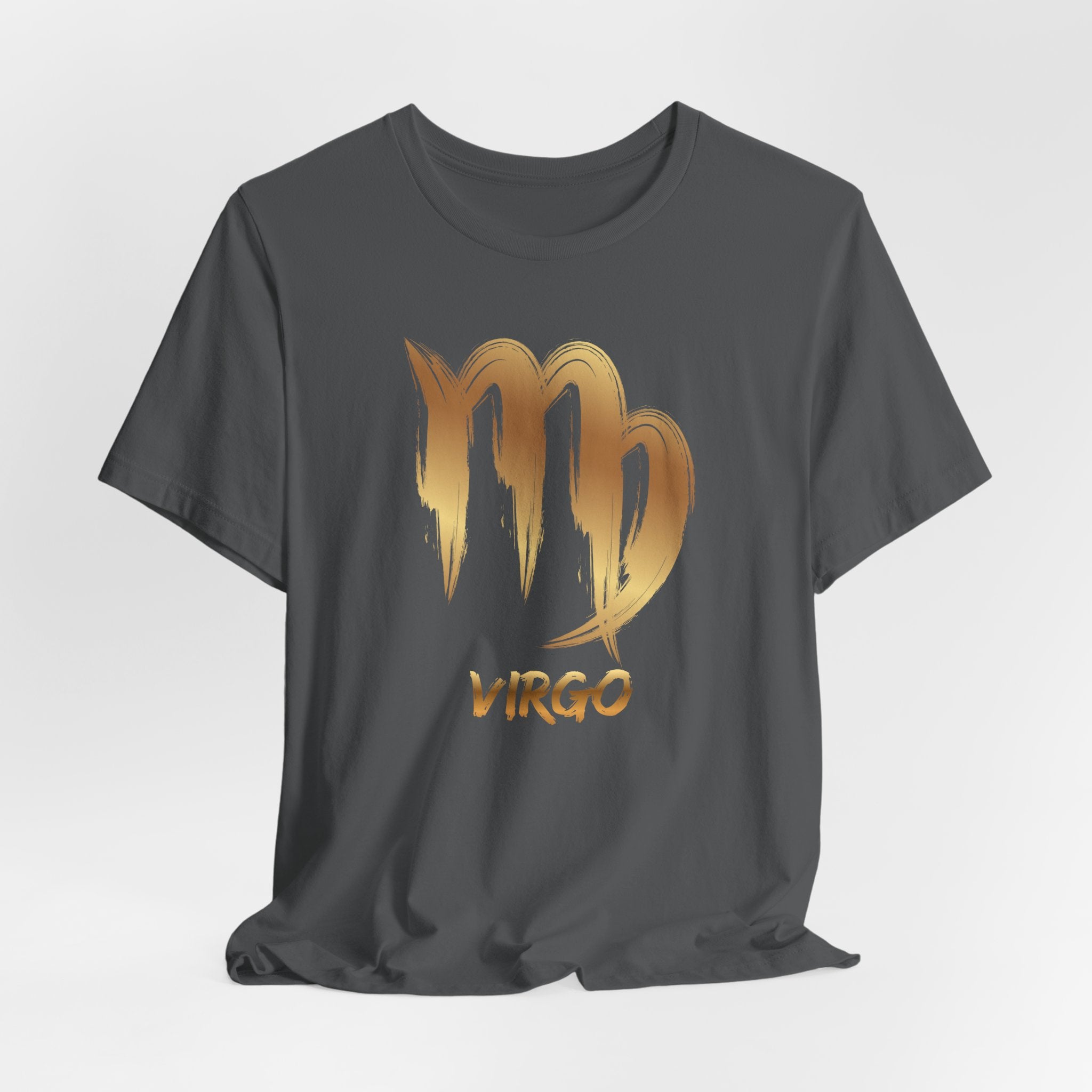 Black t-shirt with gold Virgo zodiac sign design on a white background