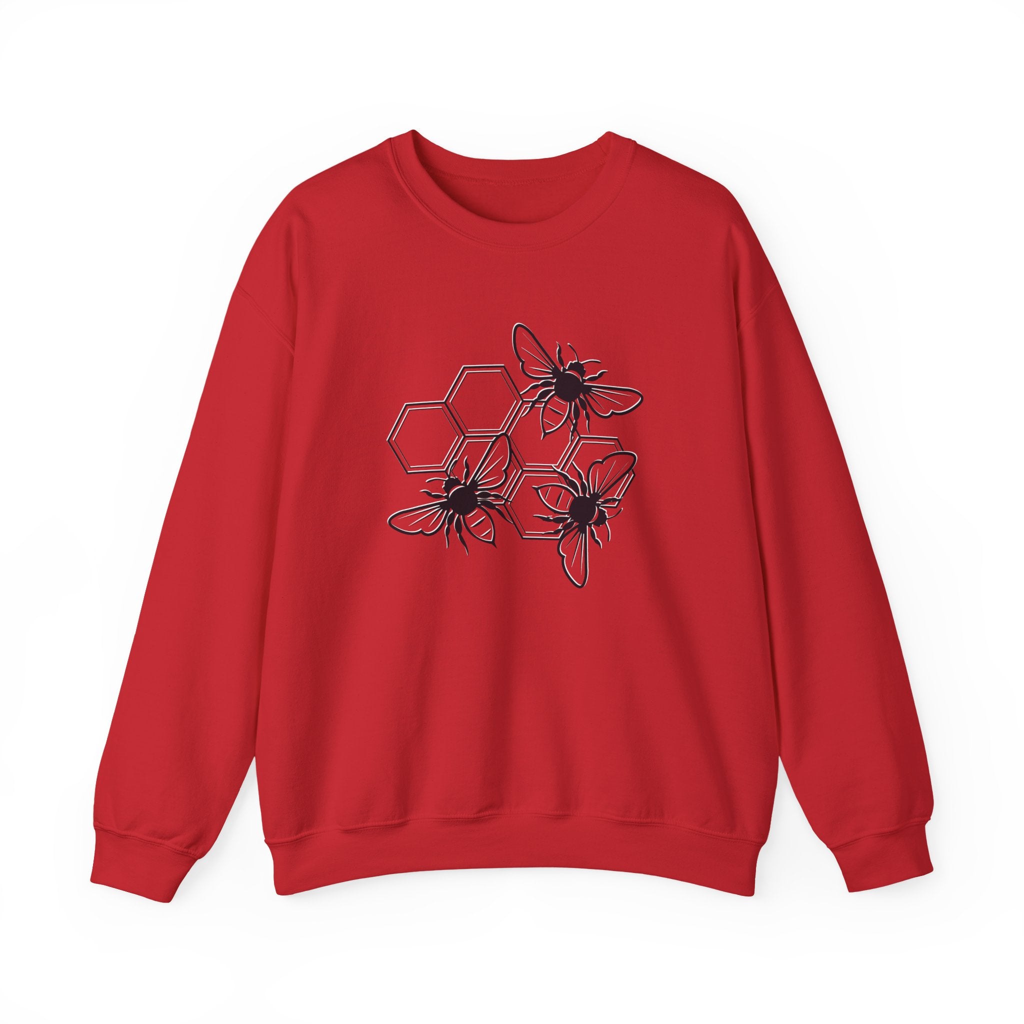 Red sweatshirt with black bee and hexagon pattern on a white background