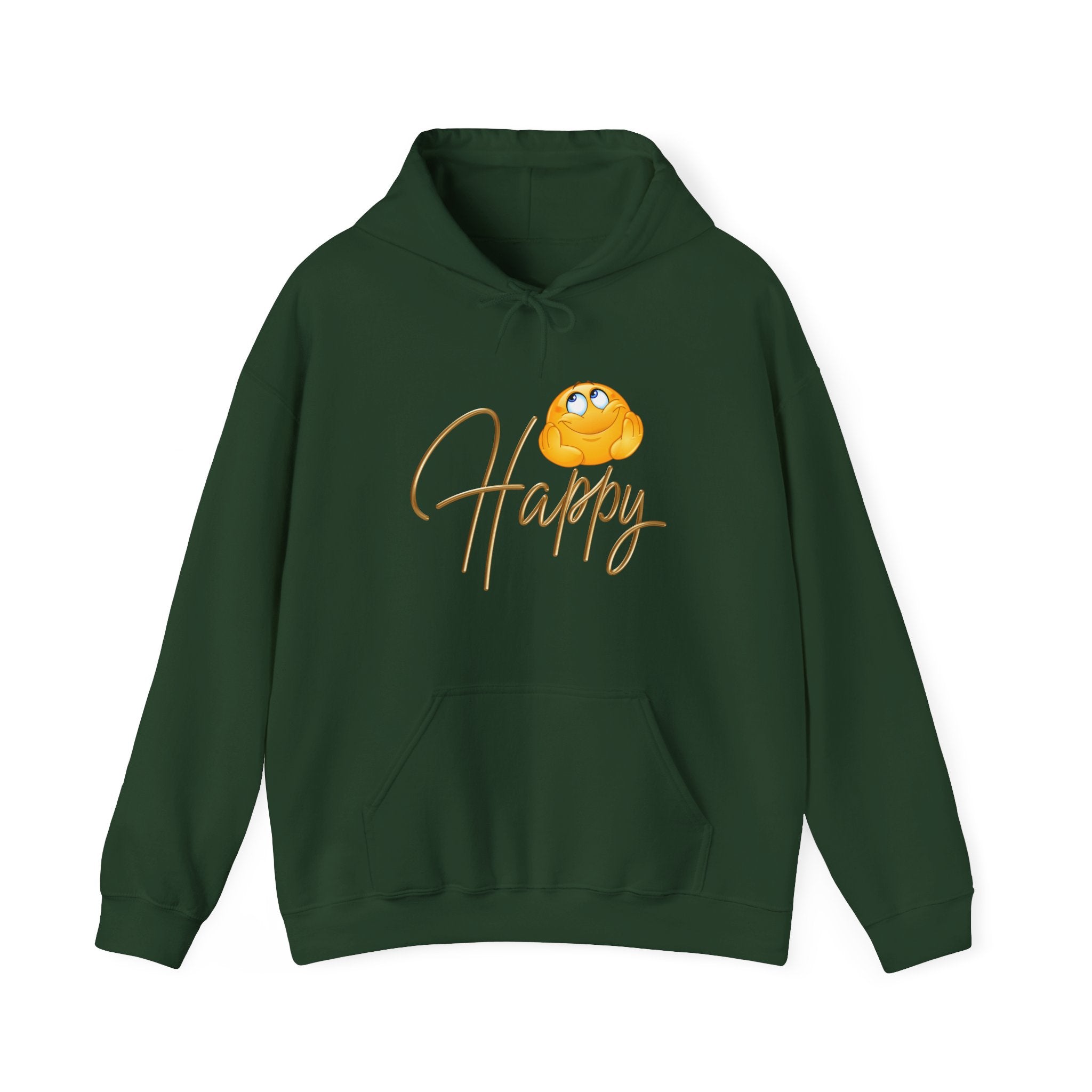 Green hoodie with a yellow character and 'Happy' text on a white background