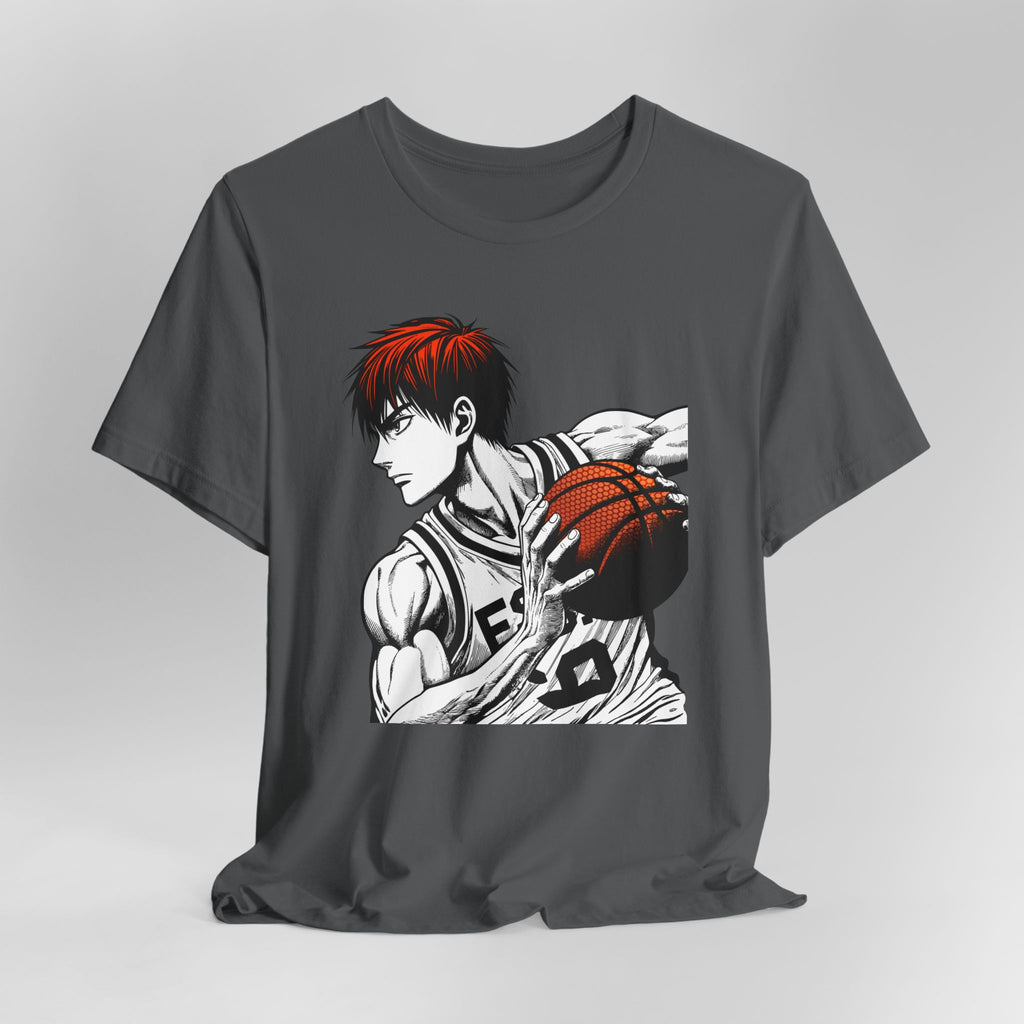 Black t-shirt with an anime-style graphic of a character holding a basketball on a gray background