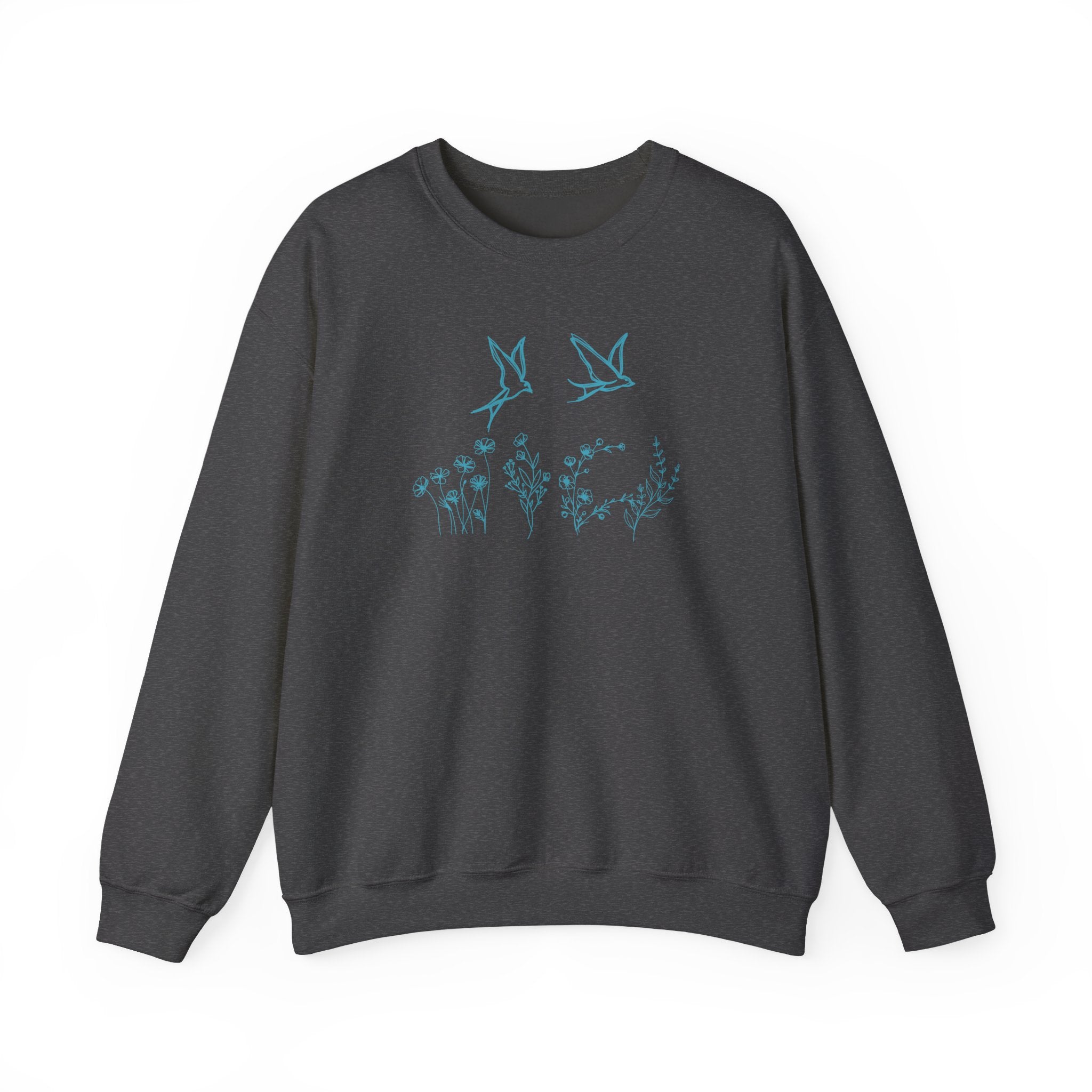 Dark gray sweatshirt with bird and flower graphics on a white background