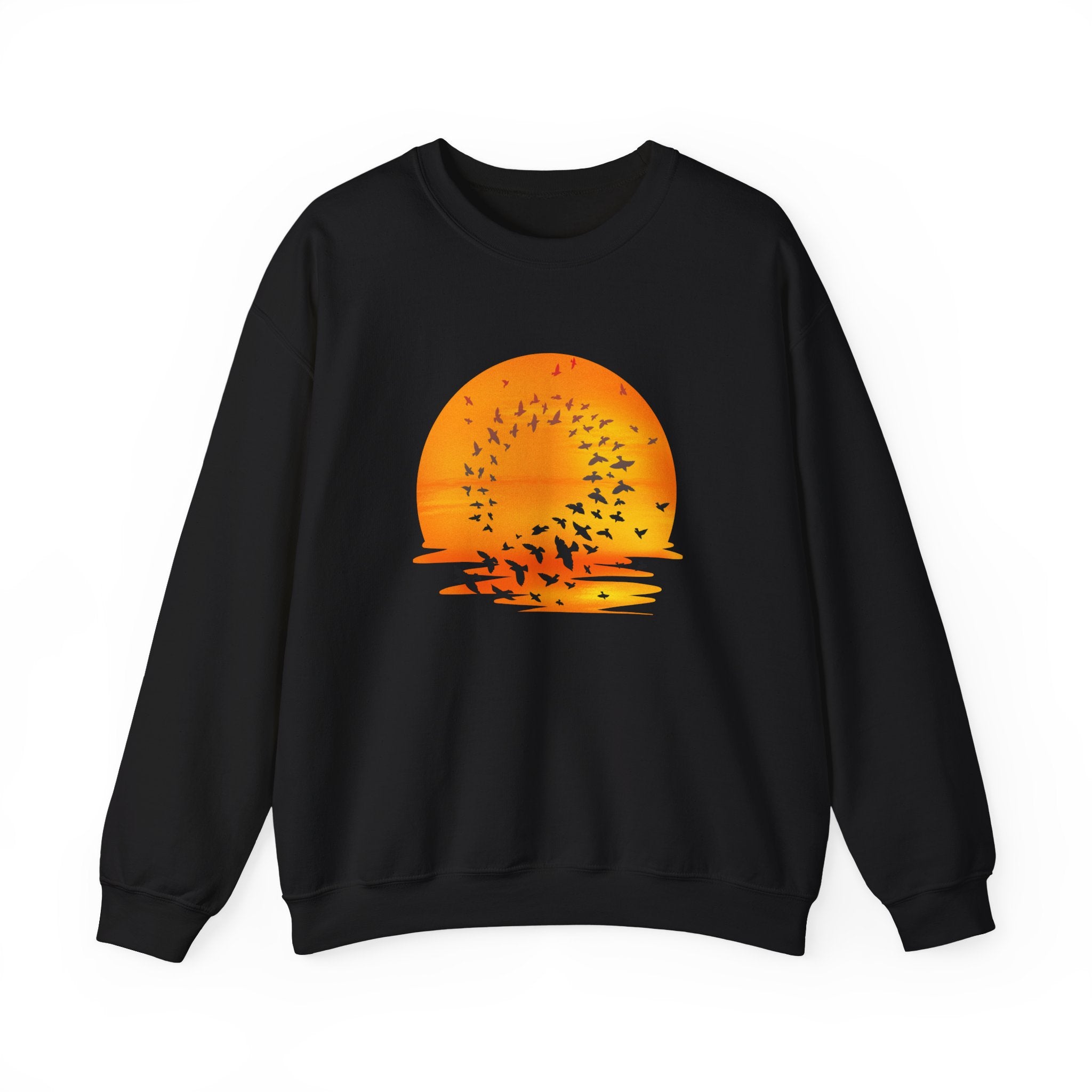 Black sweatshirt with an orange sunset and bird design on a white background