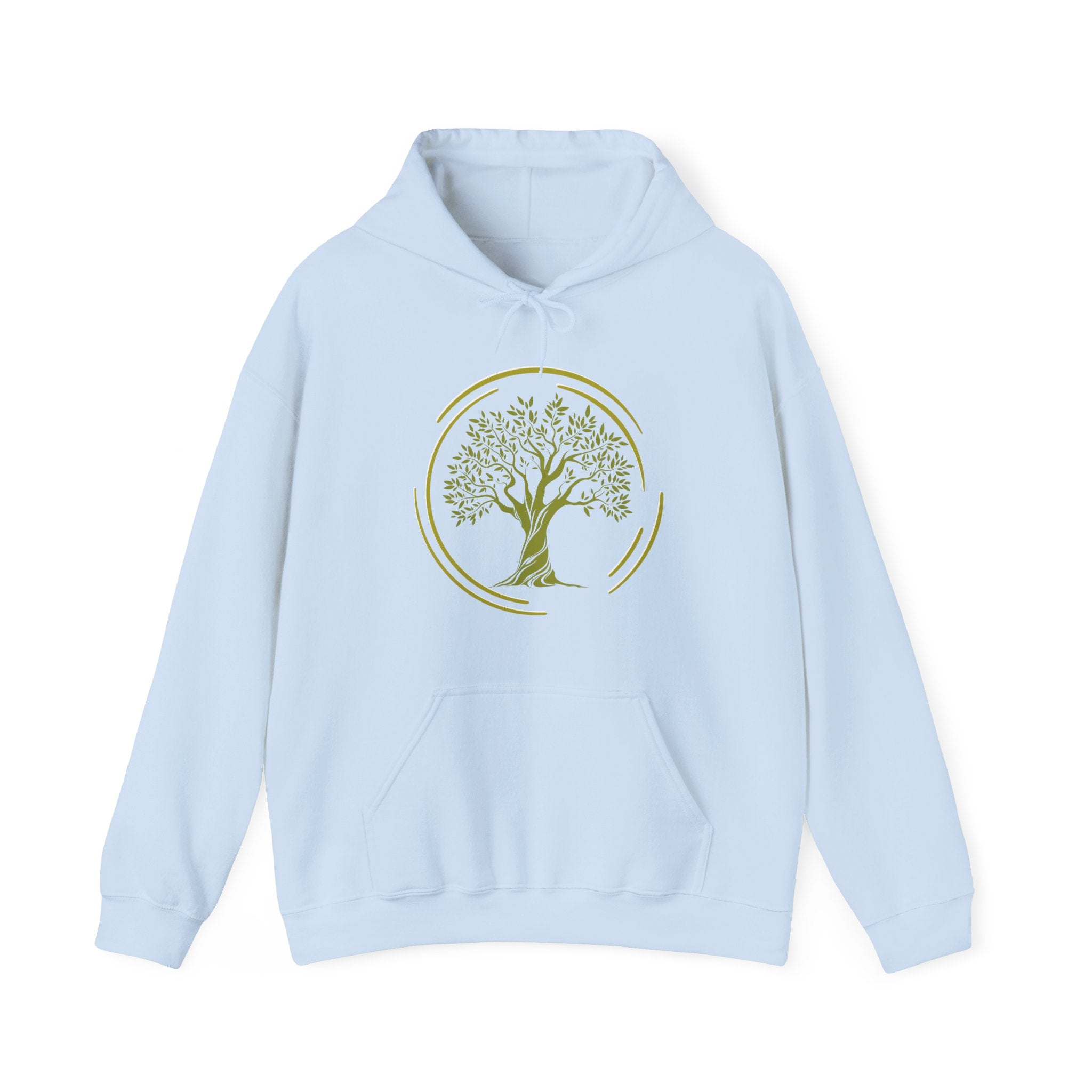 Light blue hoodie with a green tree design on a white background