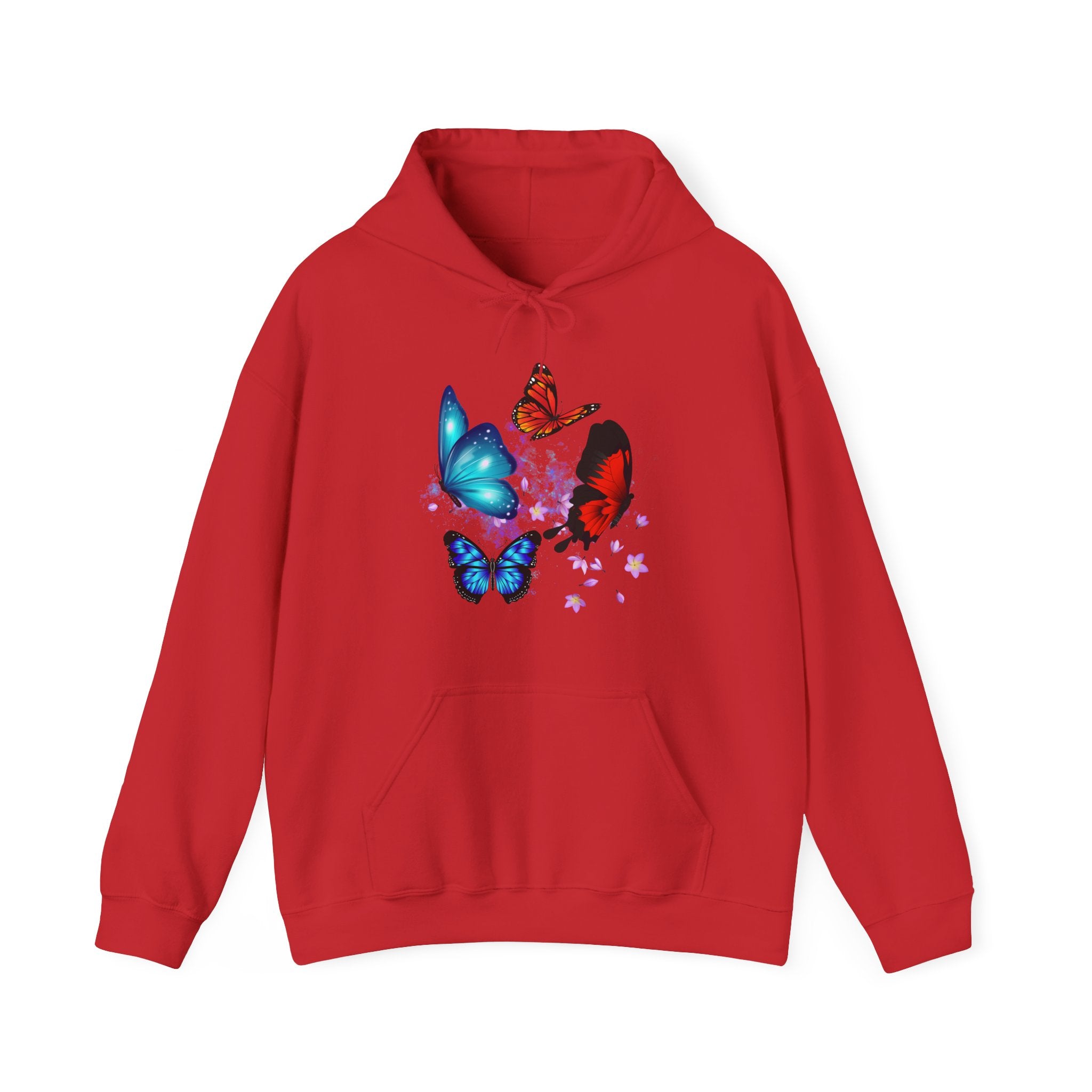 Red hoodie with colorful butterfly design on a white background
