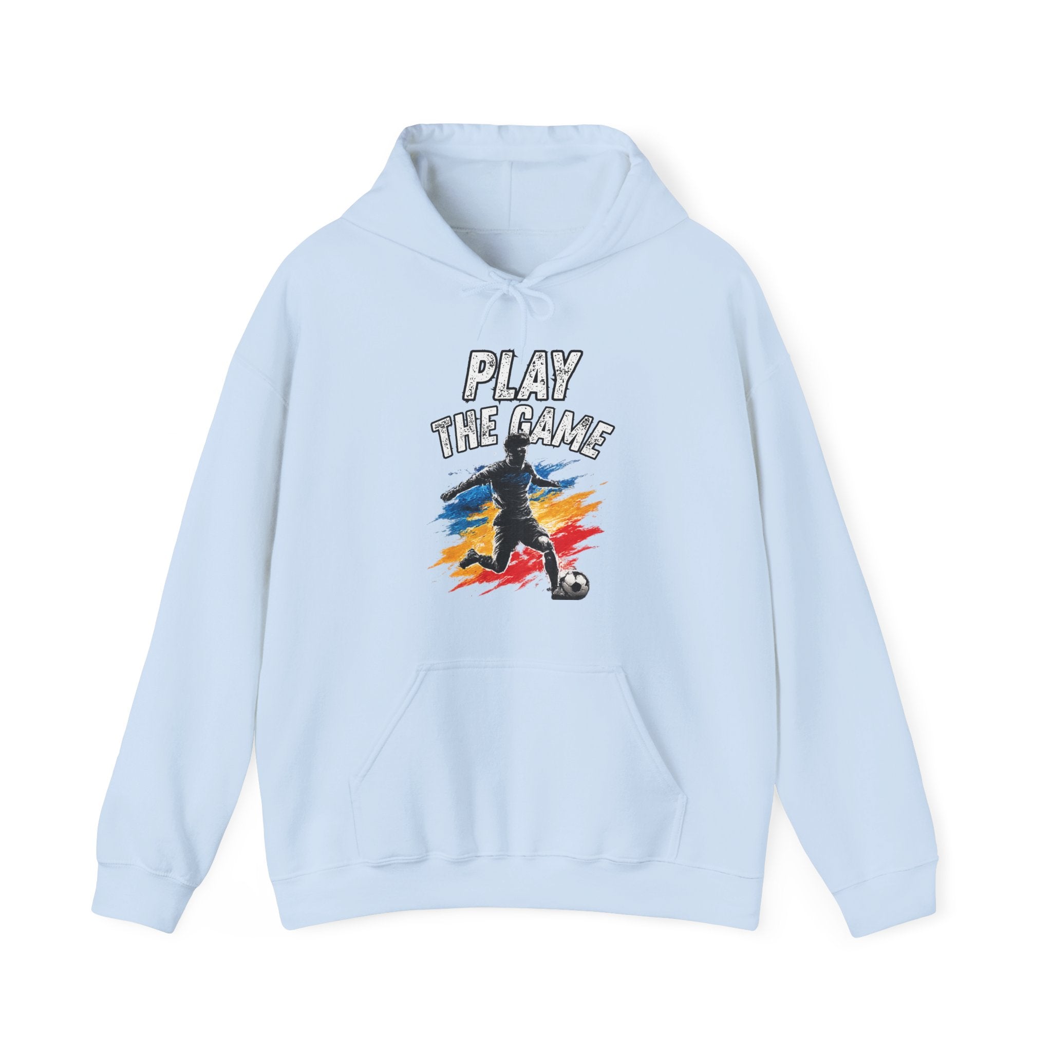 Light blue hoodie featuring a graphic print on the front with the text 'PLAY THE GAME' above a stylized soccer player silhouette over a red, yellow, and blue paint-splatter background.