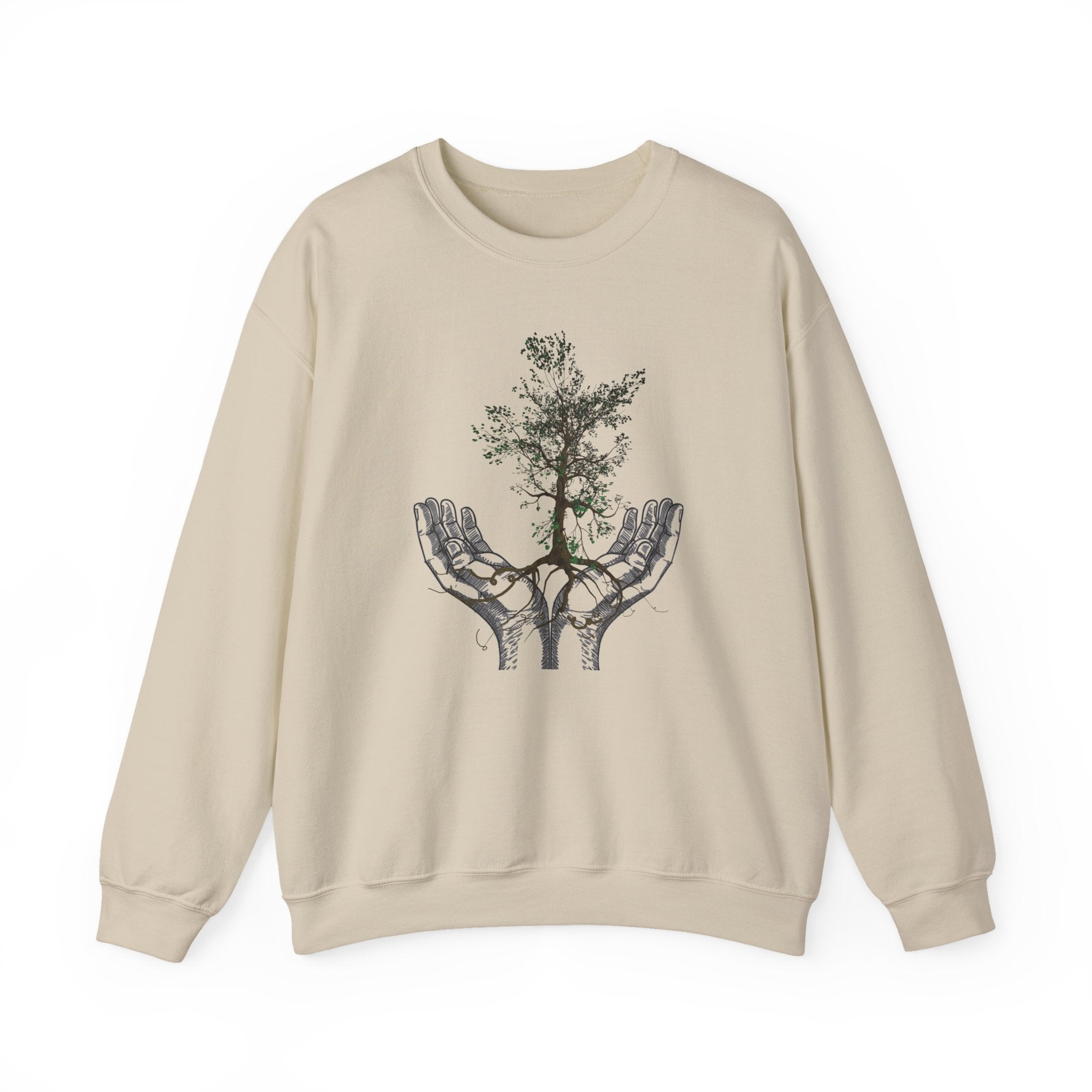 Beige sweatshirt with a graphic of hands holding a tree on a white background