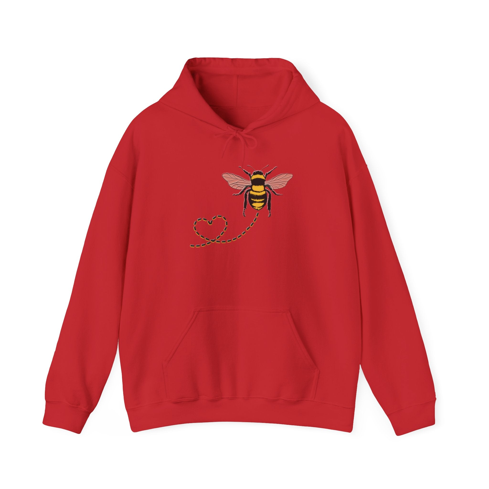 Red hoodie with a bee and heart design on a white background